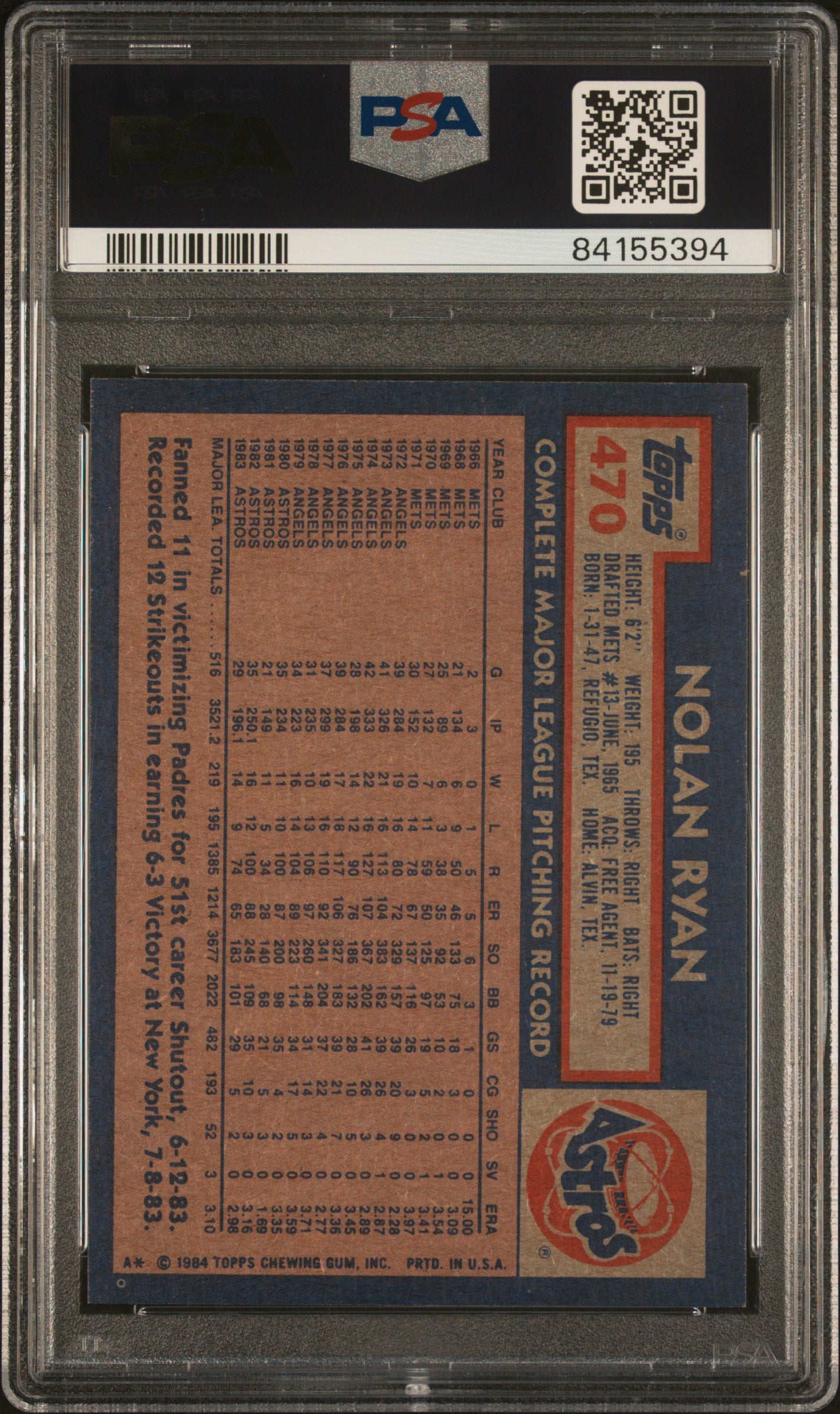 1984 TOPPS 470 NOLAN RYAN PSA 7 - back