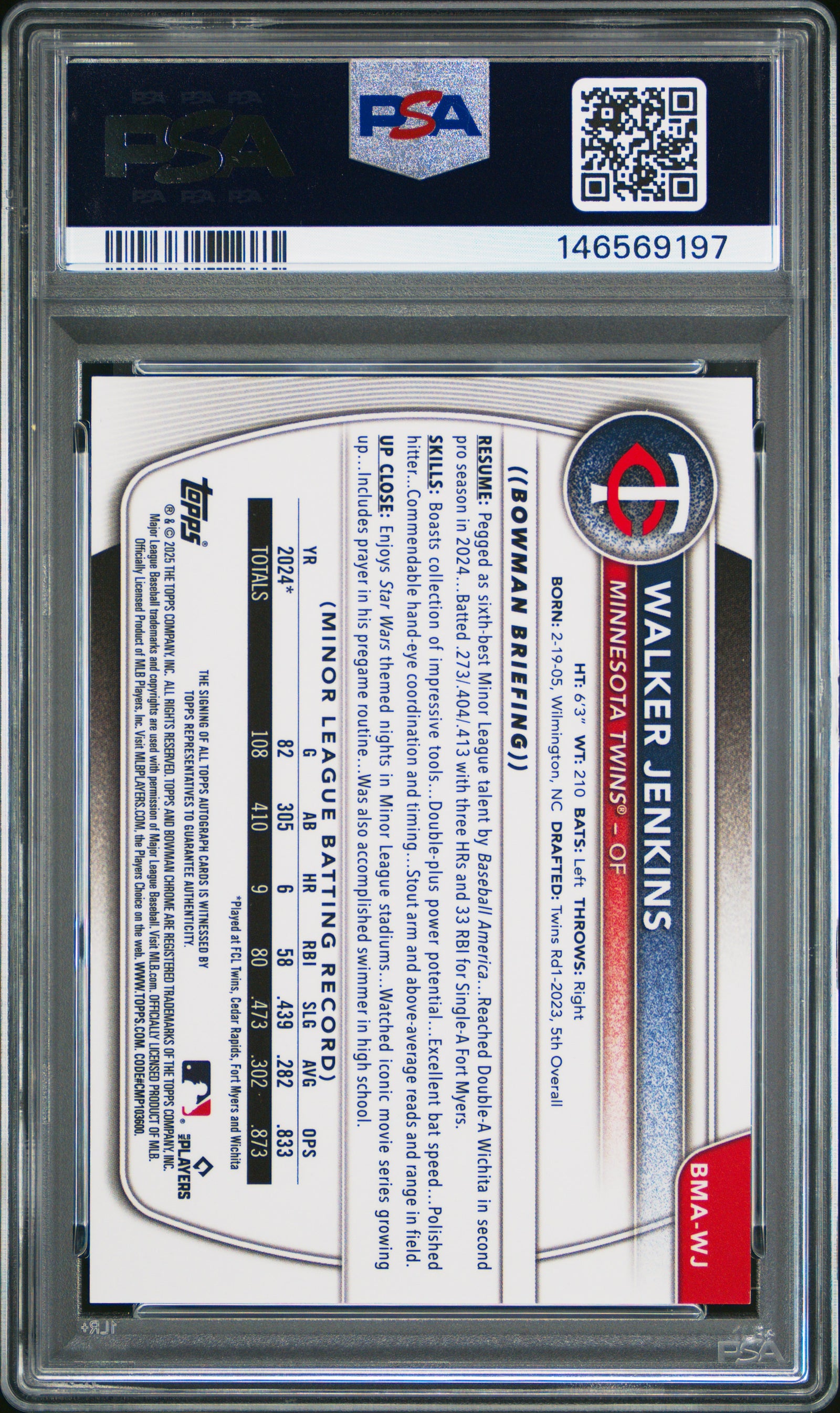 2025 Bowman Chrome Mega Box Chrome Prospects Autographs Wj Walker Jenkins PSA 10