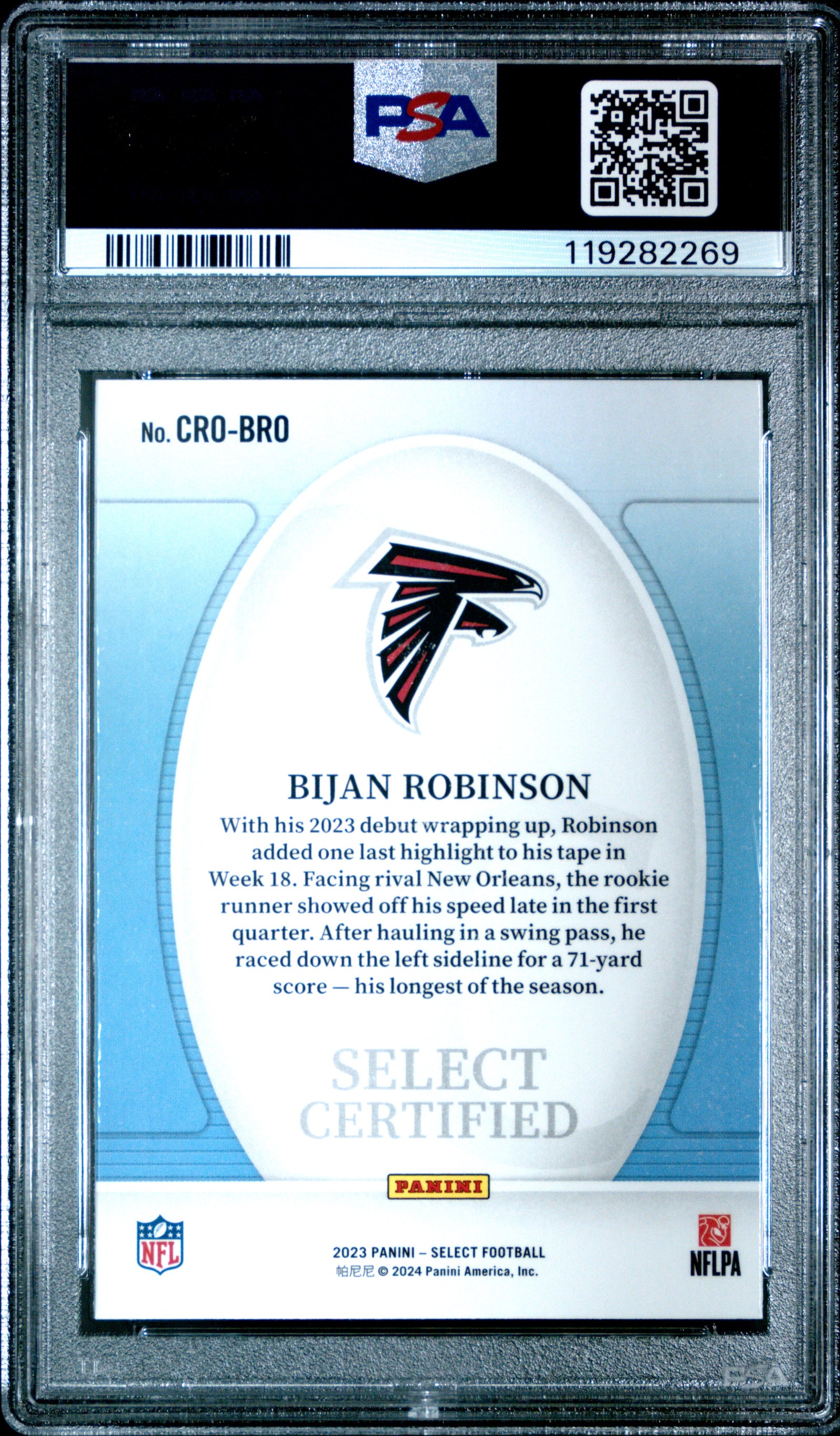 2023 Panini Select Select Certified Rookies Crobro Bijan Robinson PSA 10
