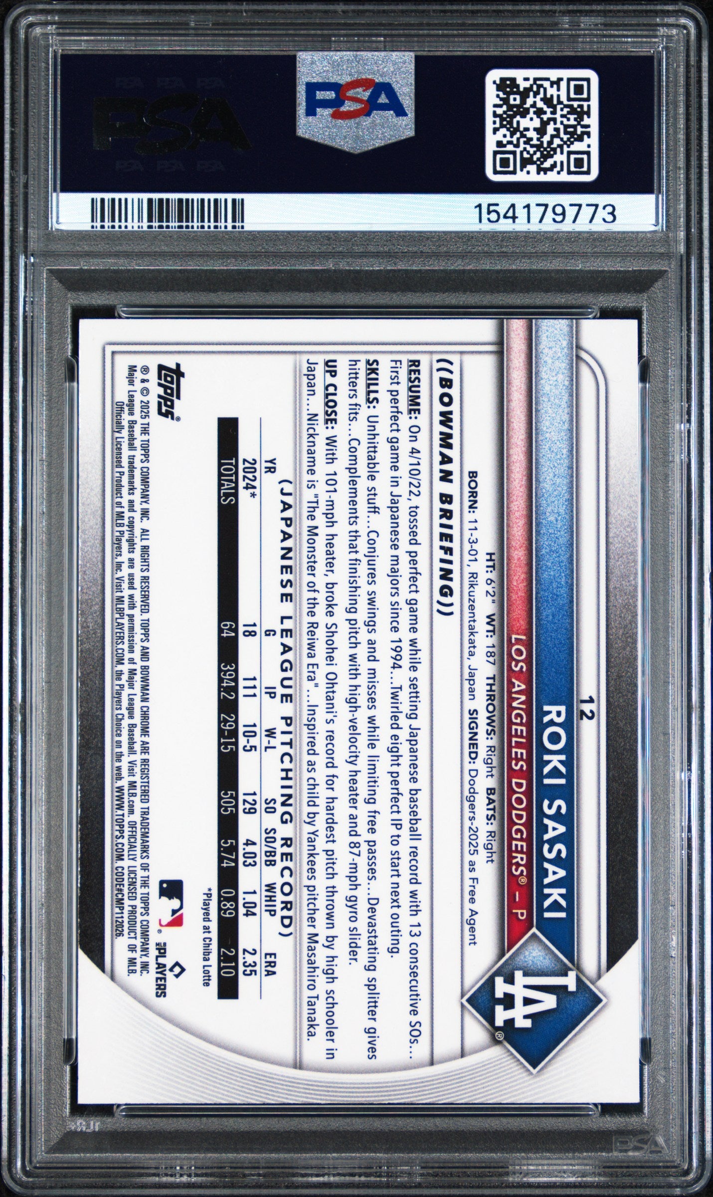 2025 BOWMAN CHROME 12 ROKI SASAKI GEOMETRIC REFRACTOR PSA 10 - back