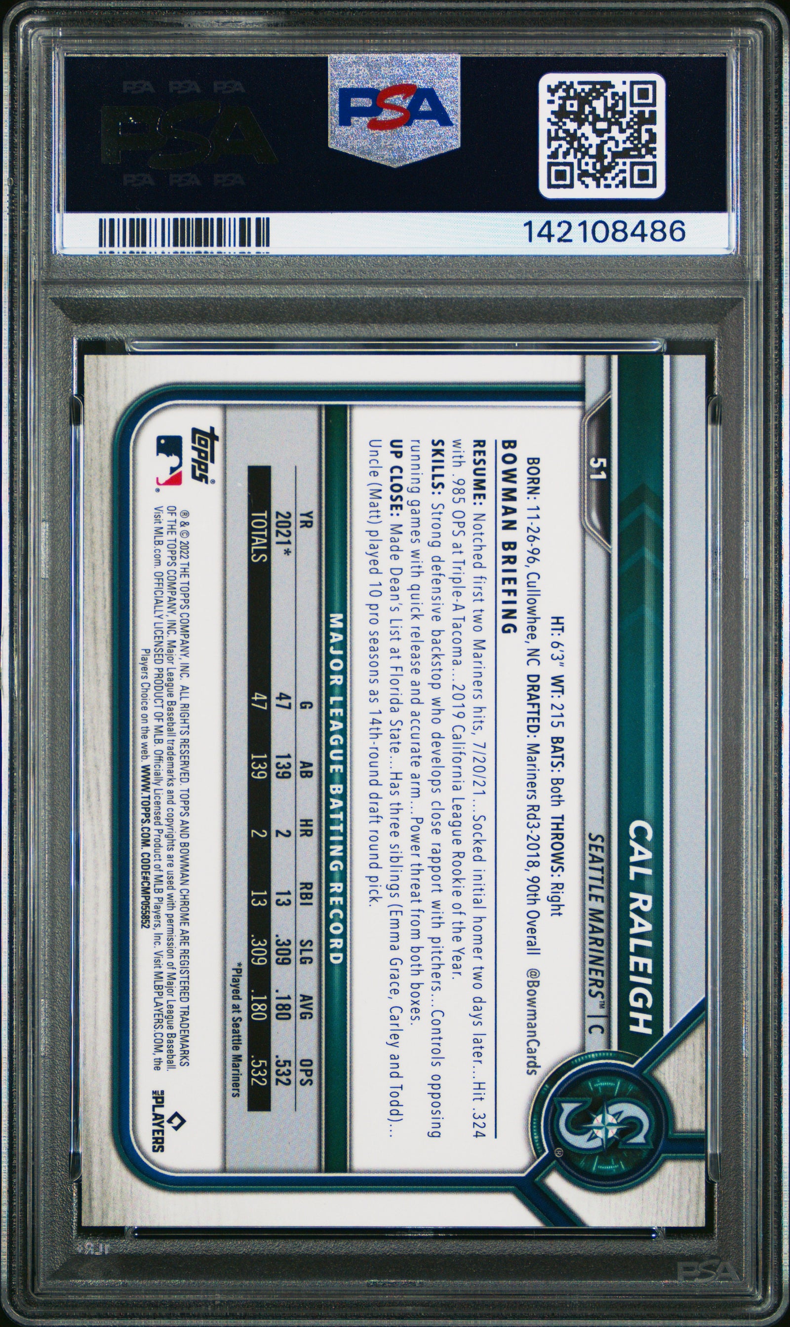 2022 Bowman Chrome Cal Raleigh Rookie Card SP PSA 10