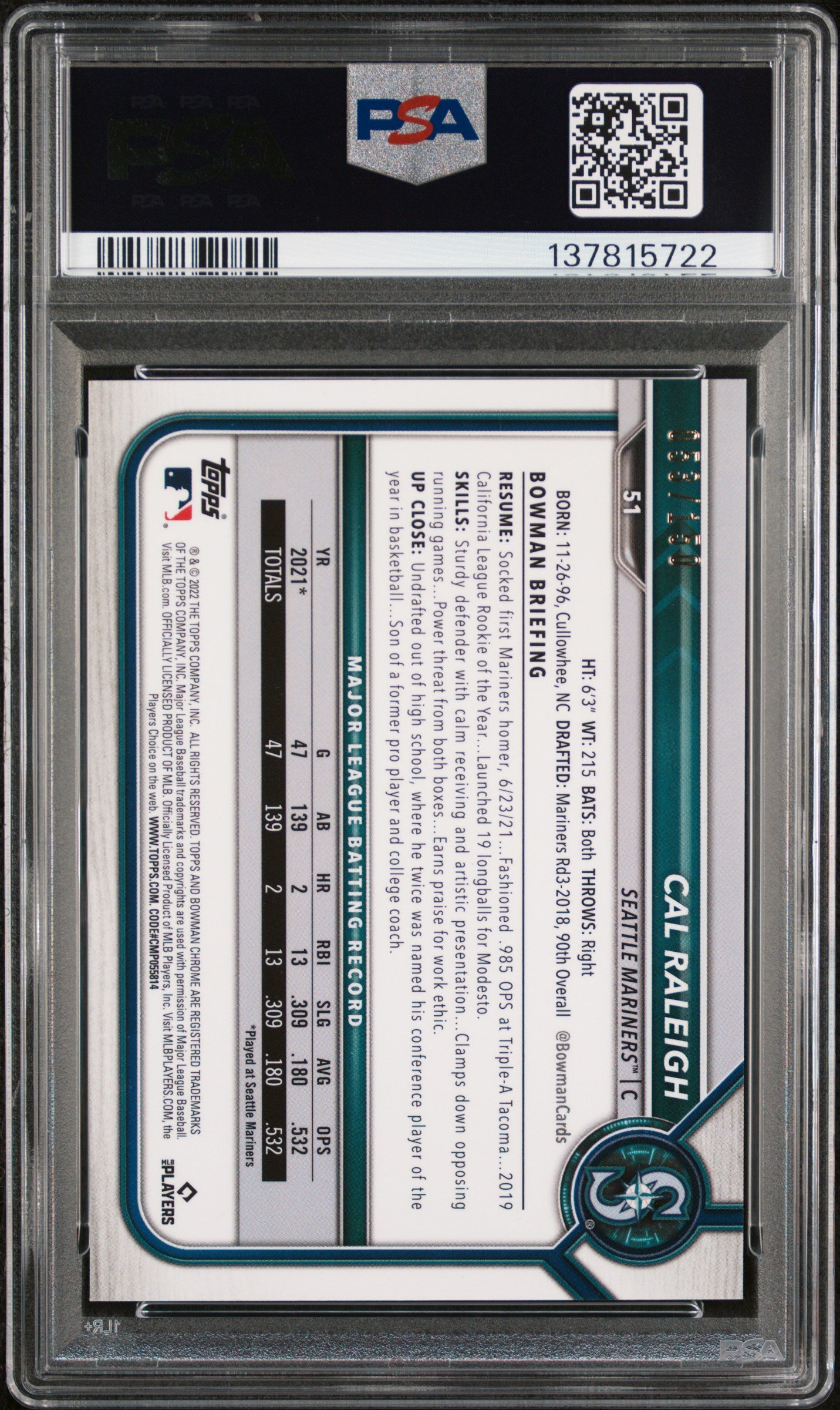2022 Bowman Chrome 51 Cal Raleigh Blue Refractor PSA 9