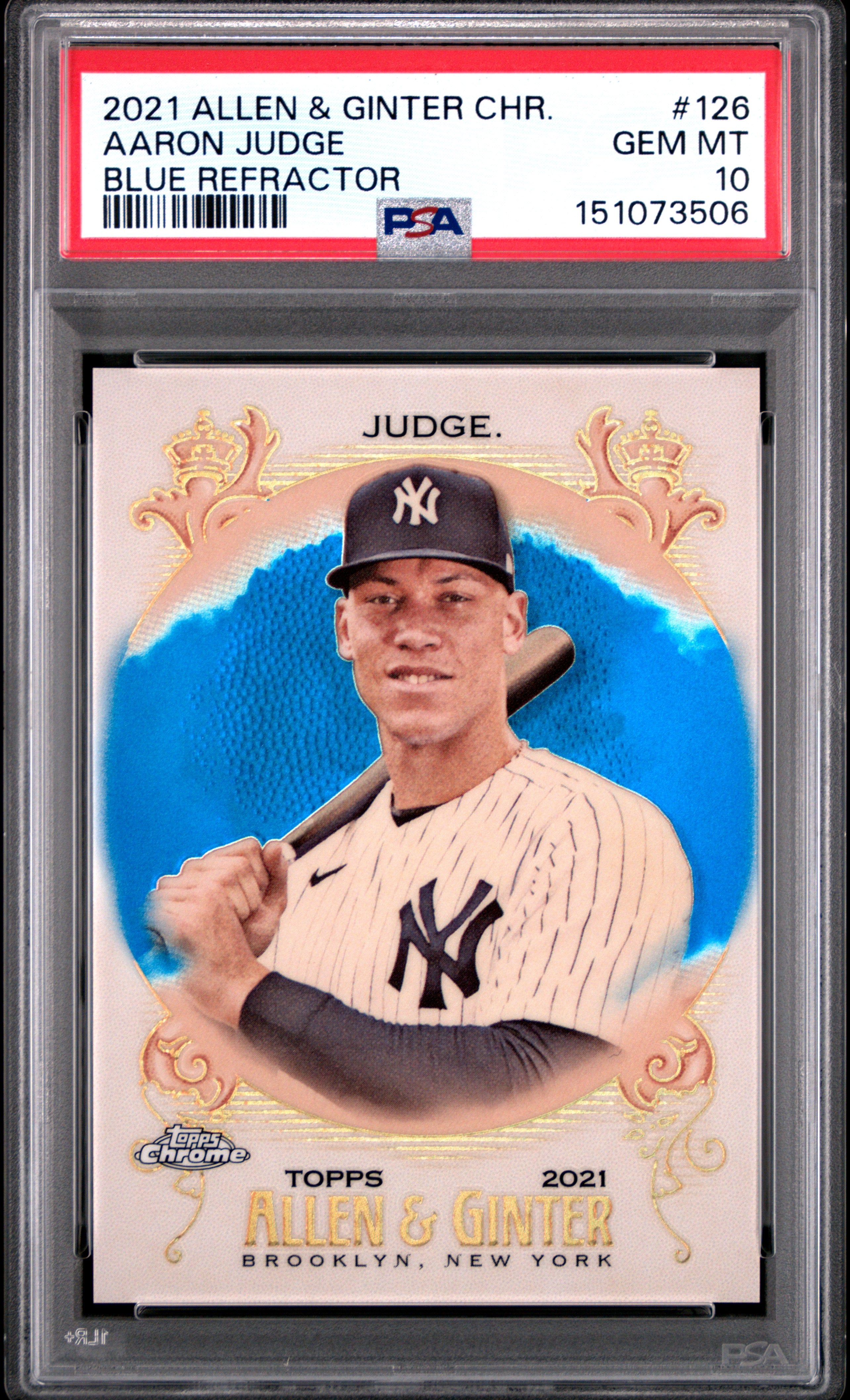 2021 Topps Allen & Ginter Chrome 126 Aaron Judge Blue Refractor PSA 10