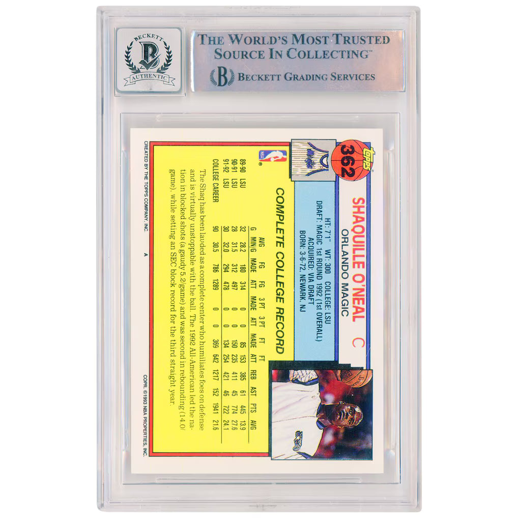 1992-93 Topps Shaquille O'Neal Autograph Beckett/Fanatics Authentic Auto 10