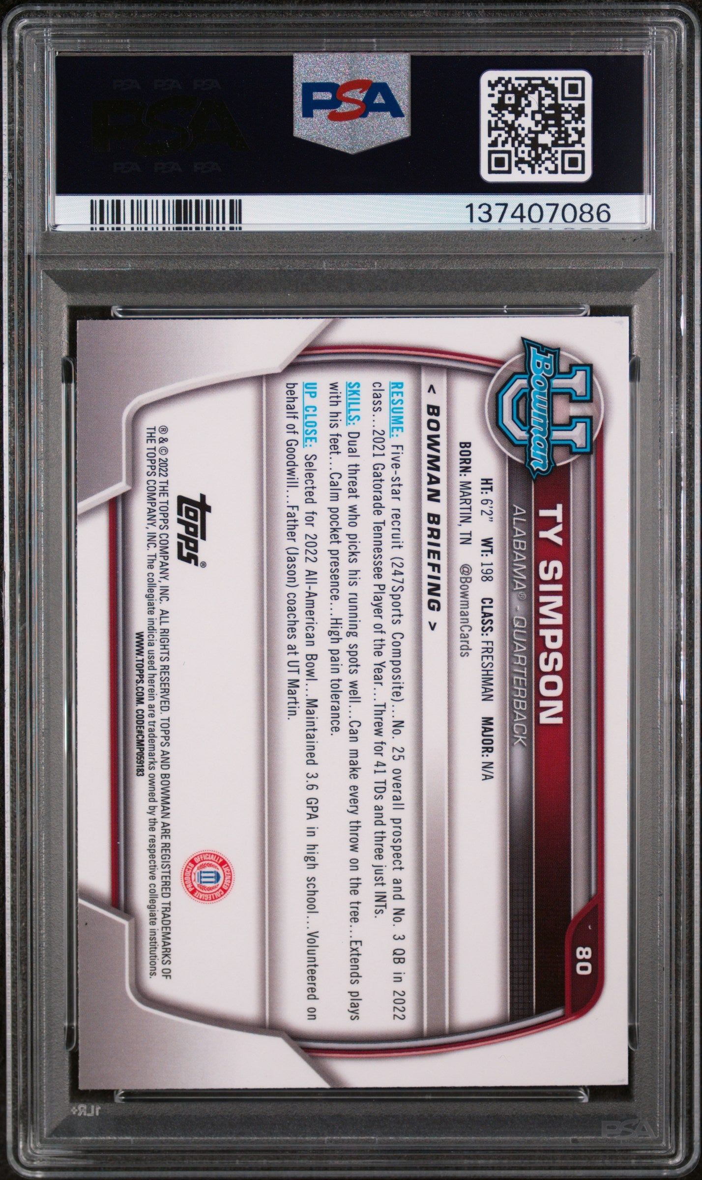 2022 Bowman University Chrome Prospects 80 Ty Simpson Purple Shimmer Refractor PSA 9