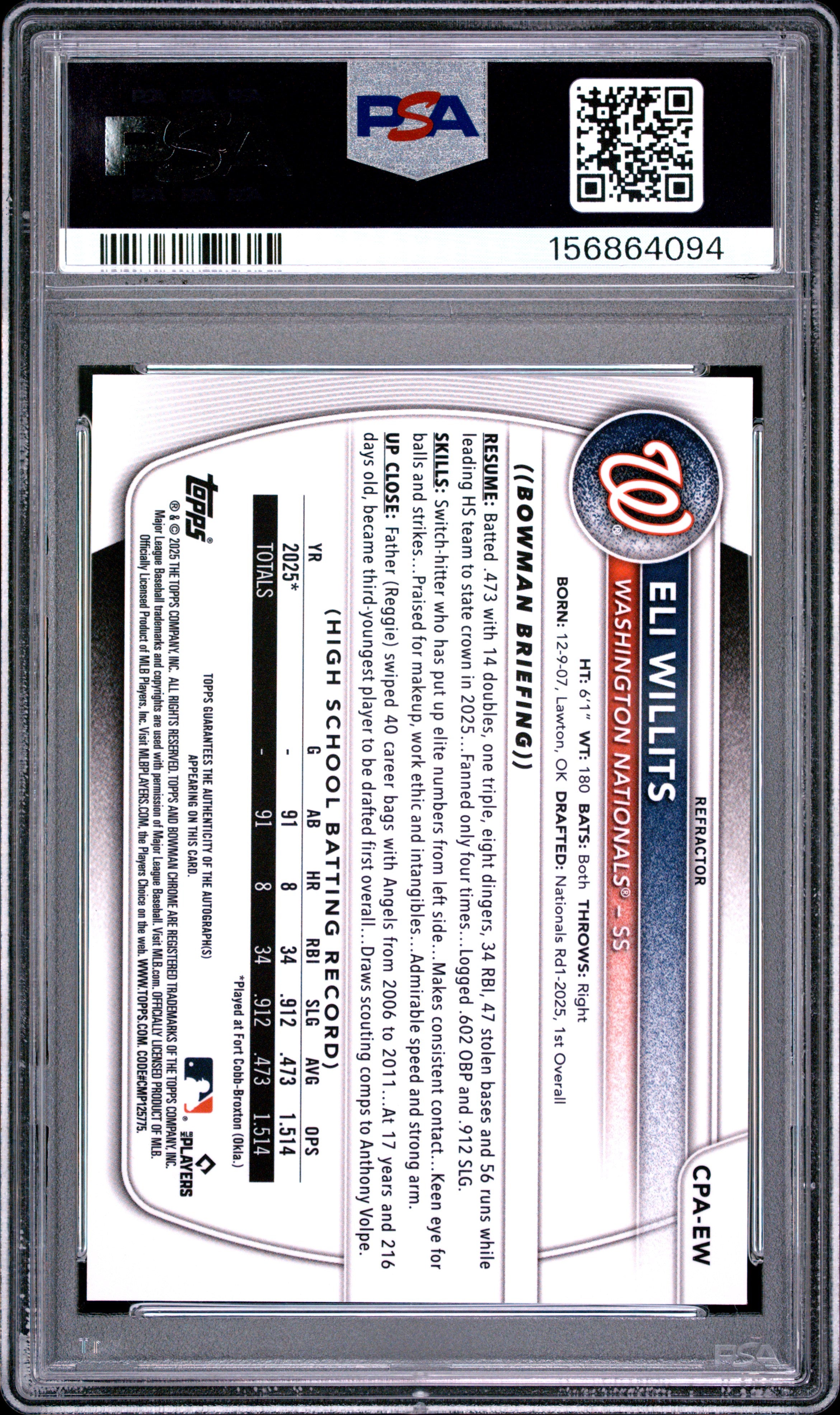 2025 BOWMAN DRAFT CHROME PROSPECT AUTOGRAPHS CPA-EW ELI WILLITS REFRACTOR PSA 8 - back