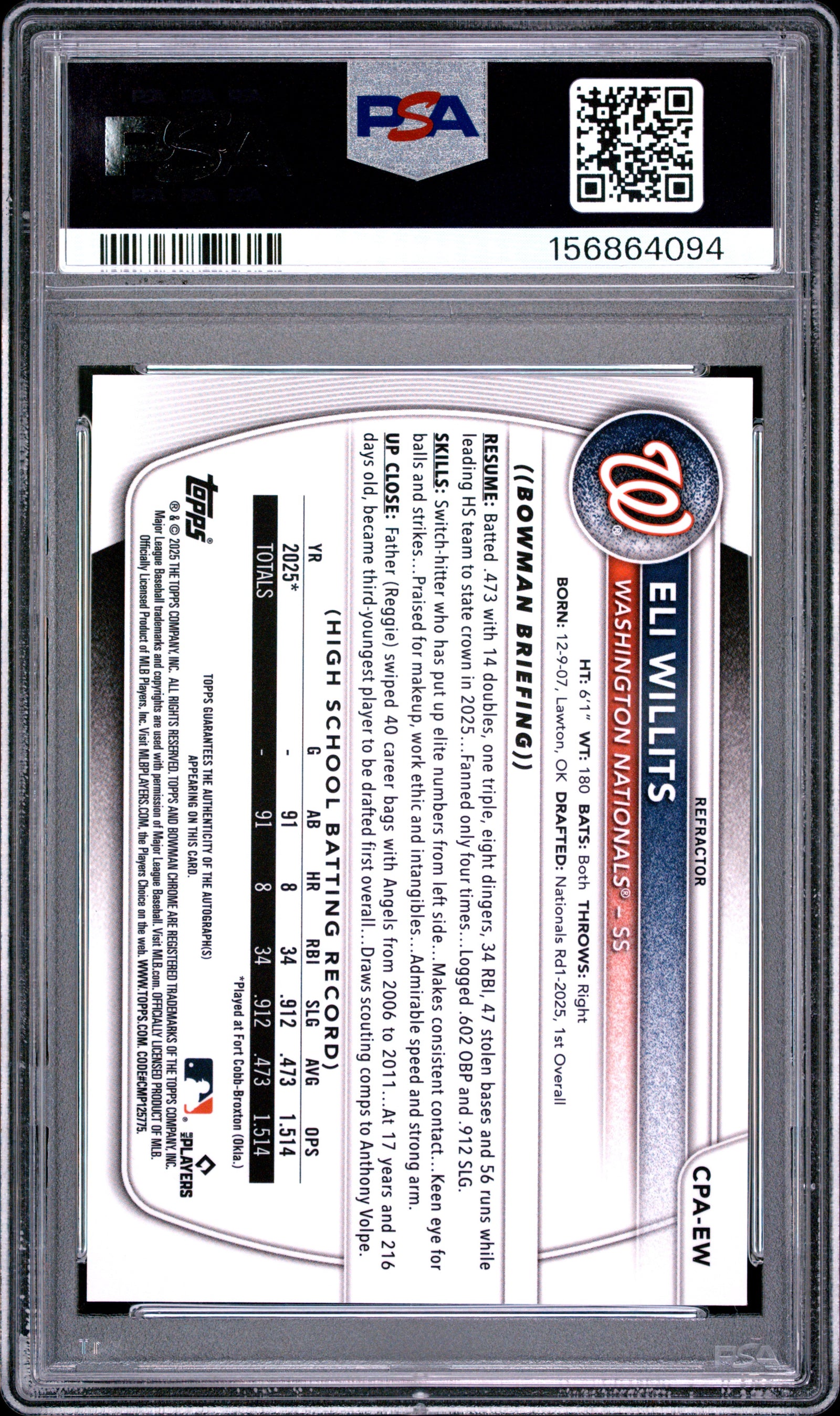 2025 BOWMAN DRAFT CHROME PROSPECT AUTOGRAPHS CPA-EW ELI WILLITS REFRACTOR PSA 8 - back