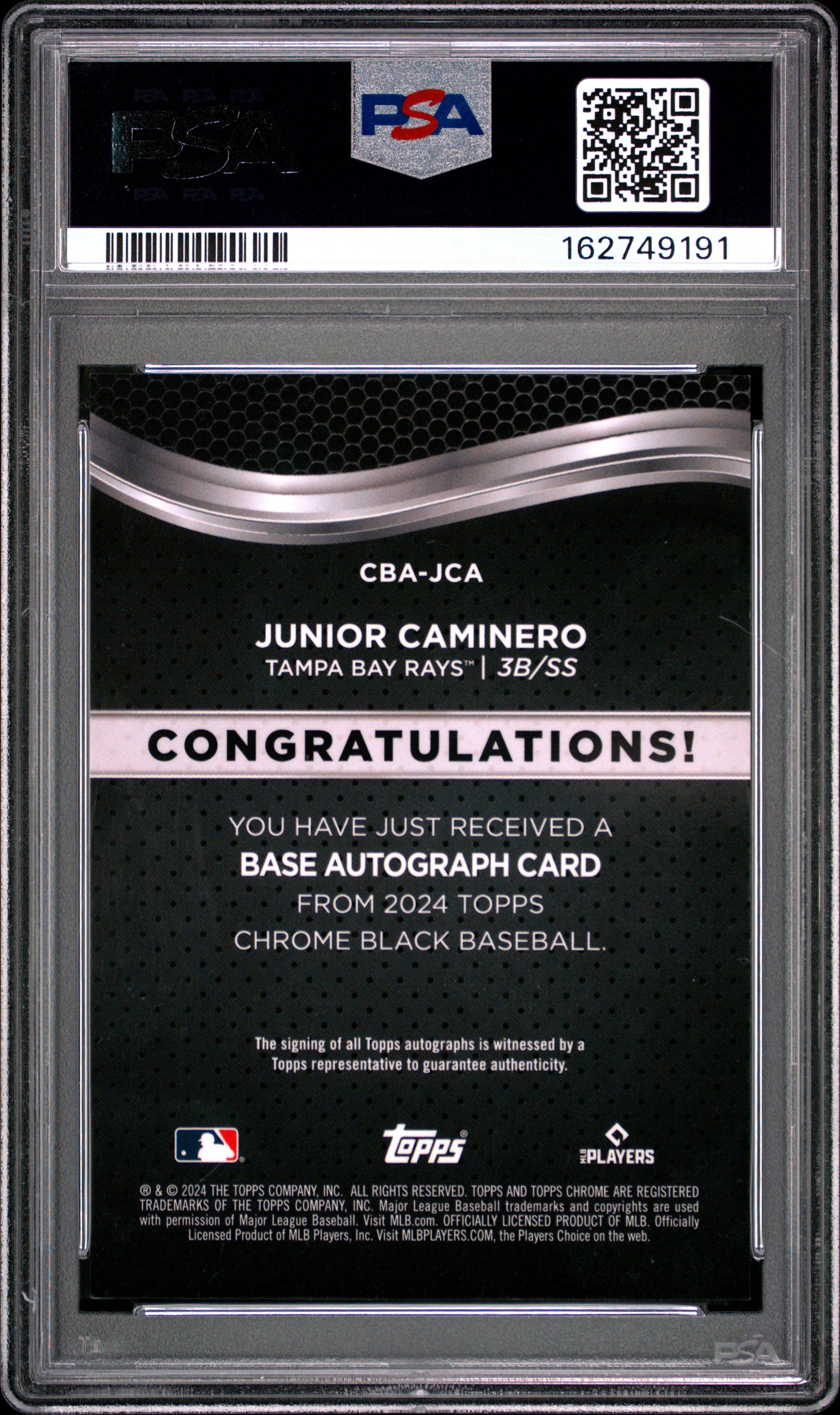 2024 TOPPS CHROME BLACK AUTOGRAPHS JCA JUNIOR CAMINERO PSA 9 - back