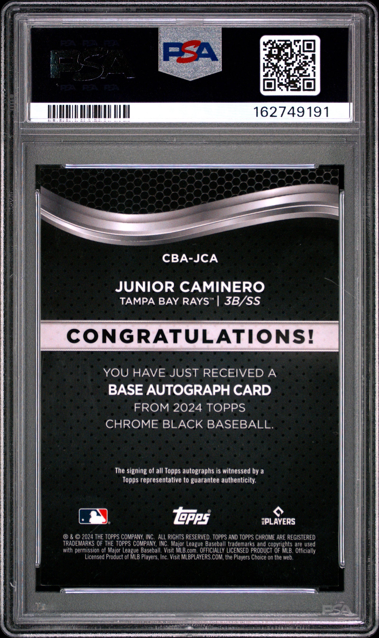 2024 TOPPS CHROME BLACK AUTOGRAPHS JCA JUNIOR CAMINERO PSA 9 - back