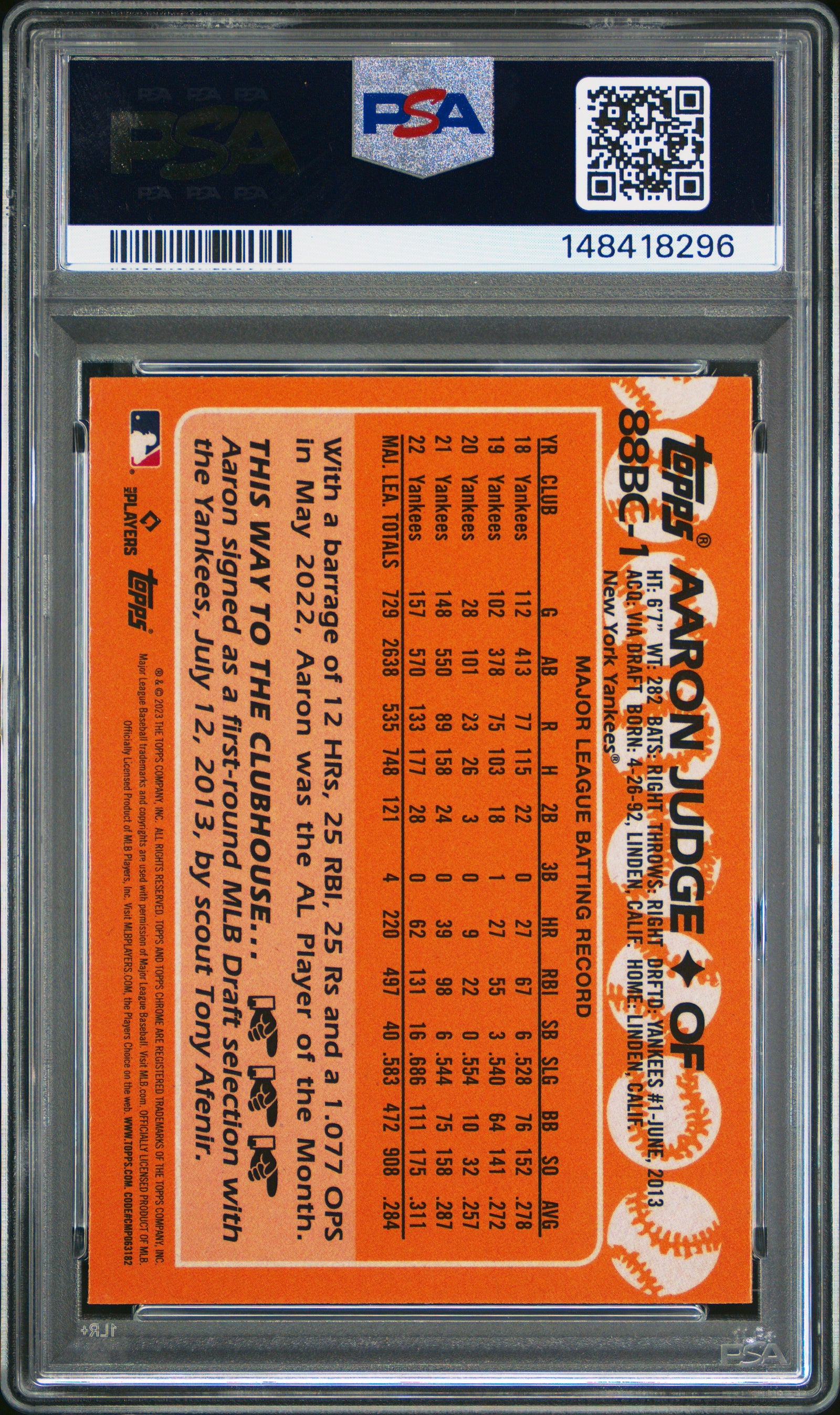 2023 Topps Chrome 1988 Topps Baseball 88Bc1 Aaron Judge PSA 9