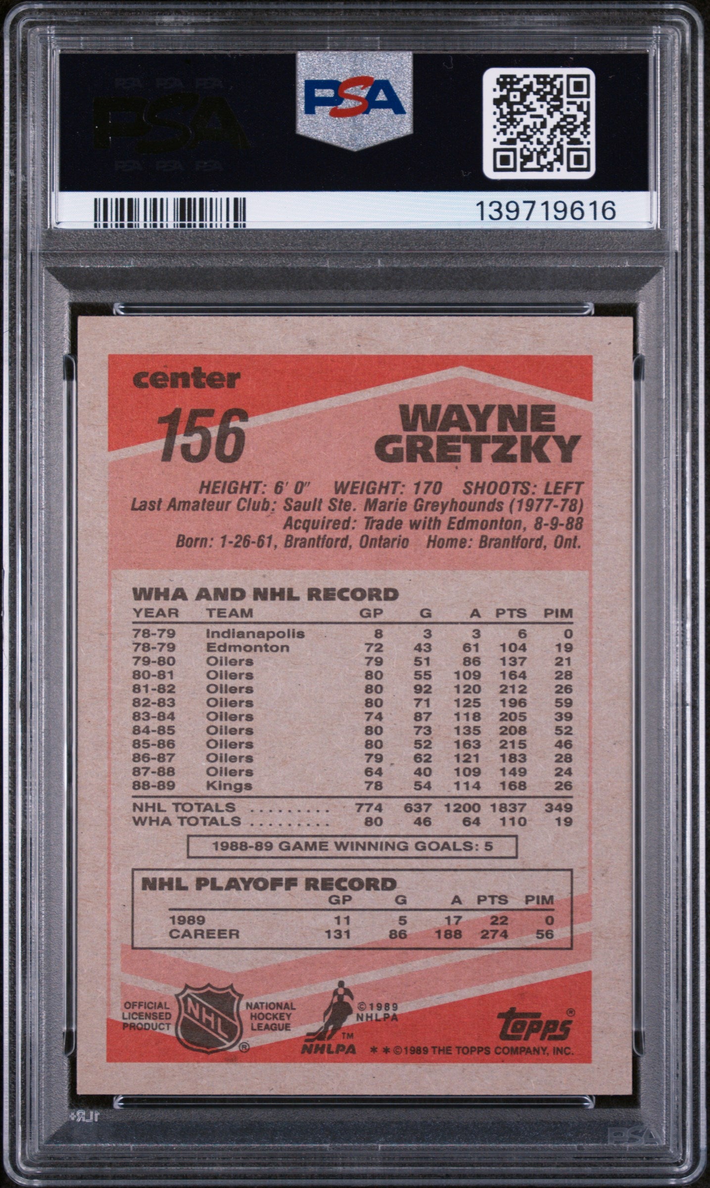 1989 TOPPS 156 WAYNE GRETZKY PSA 7 - back