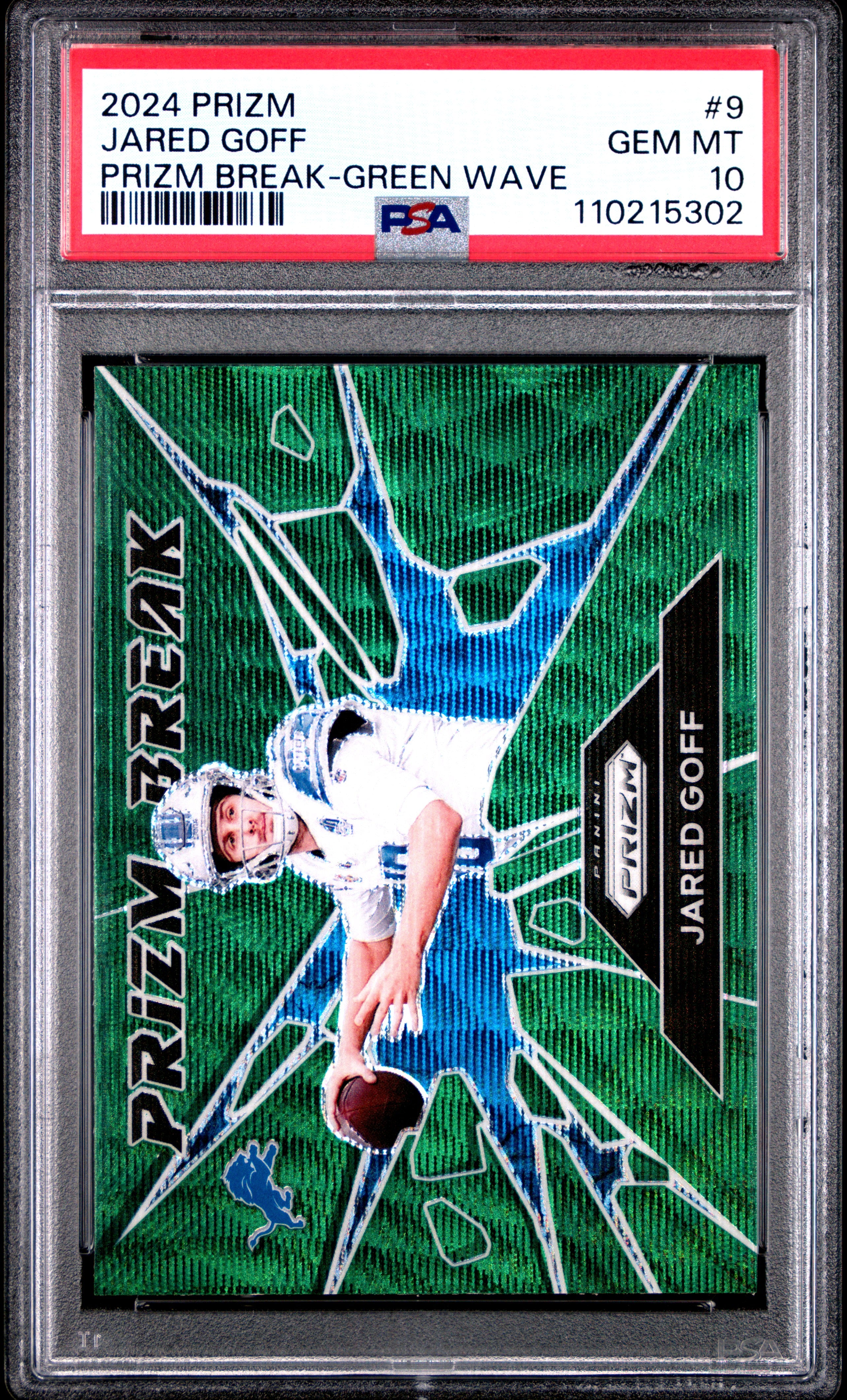 2024 Panini Prizm Prizm Break 9 Jared Goff Green Wave PSA 10