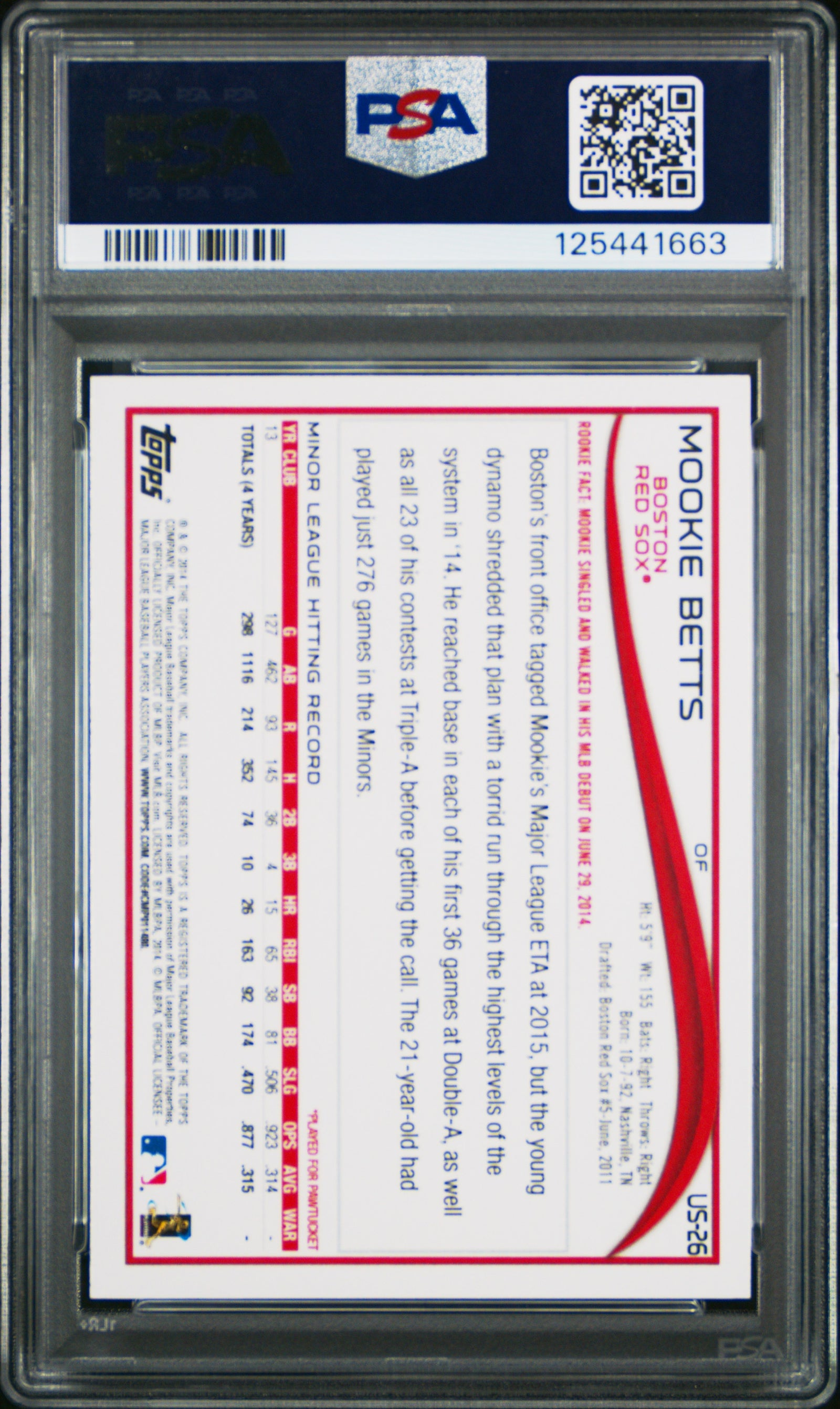 2014 Topps Update Mookie Betts RC Batting US26 PSA 8