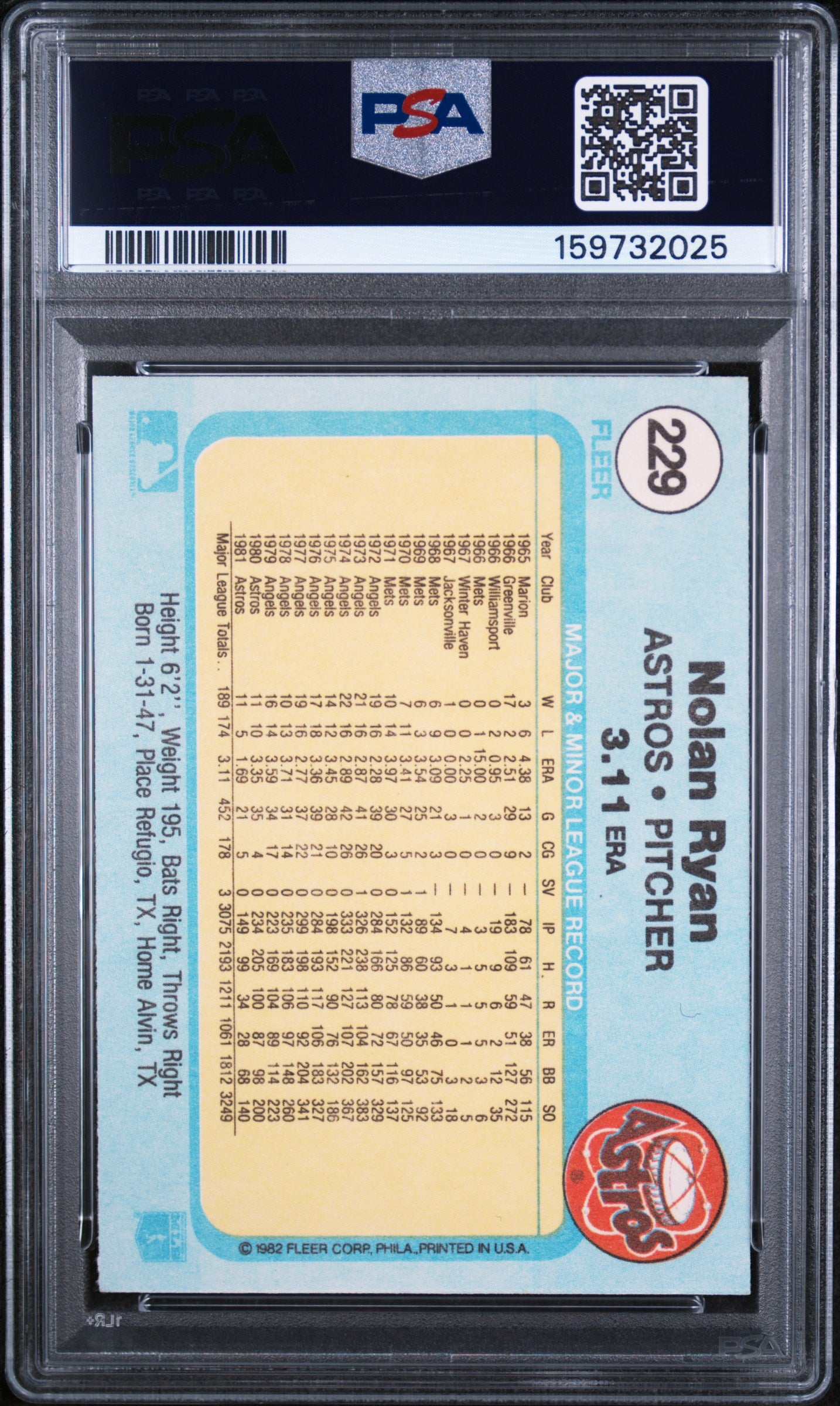 1982 FLEER 229 NOLAN RYAN PSA 9 - back