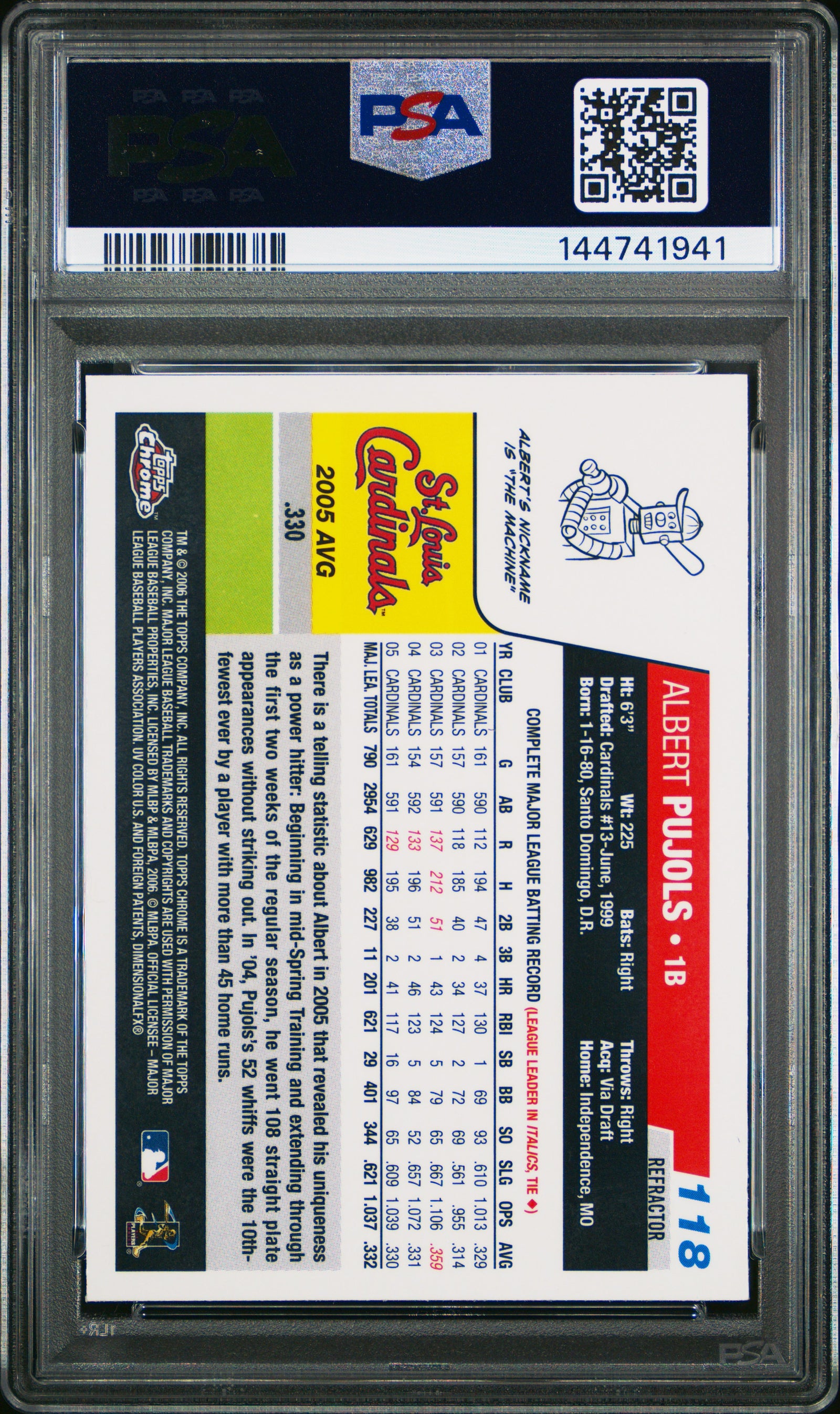 2006 Topps Chrome 118 Albert Pujols Blue Refractor PSA 9