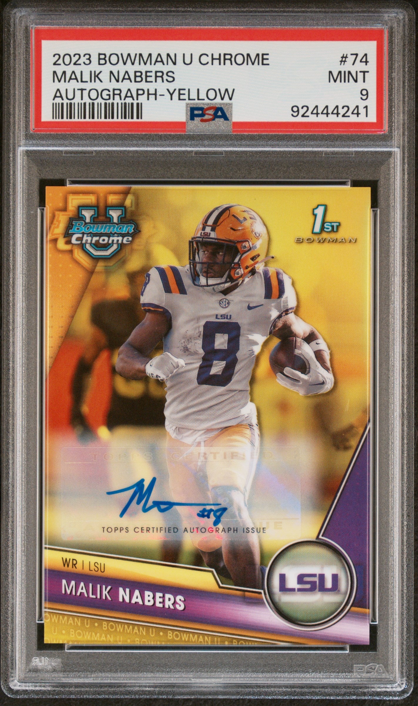 2023 Bowman University Chrome 74 Malik Nabers Autograph-Yellow Refractor PSA 9