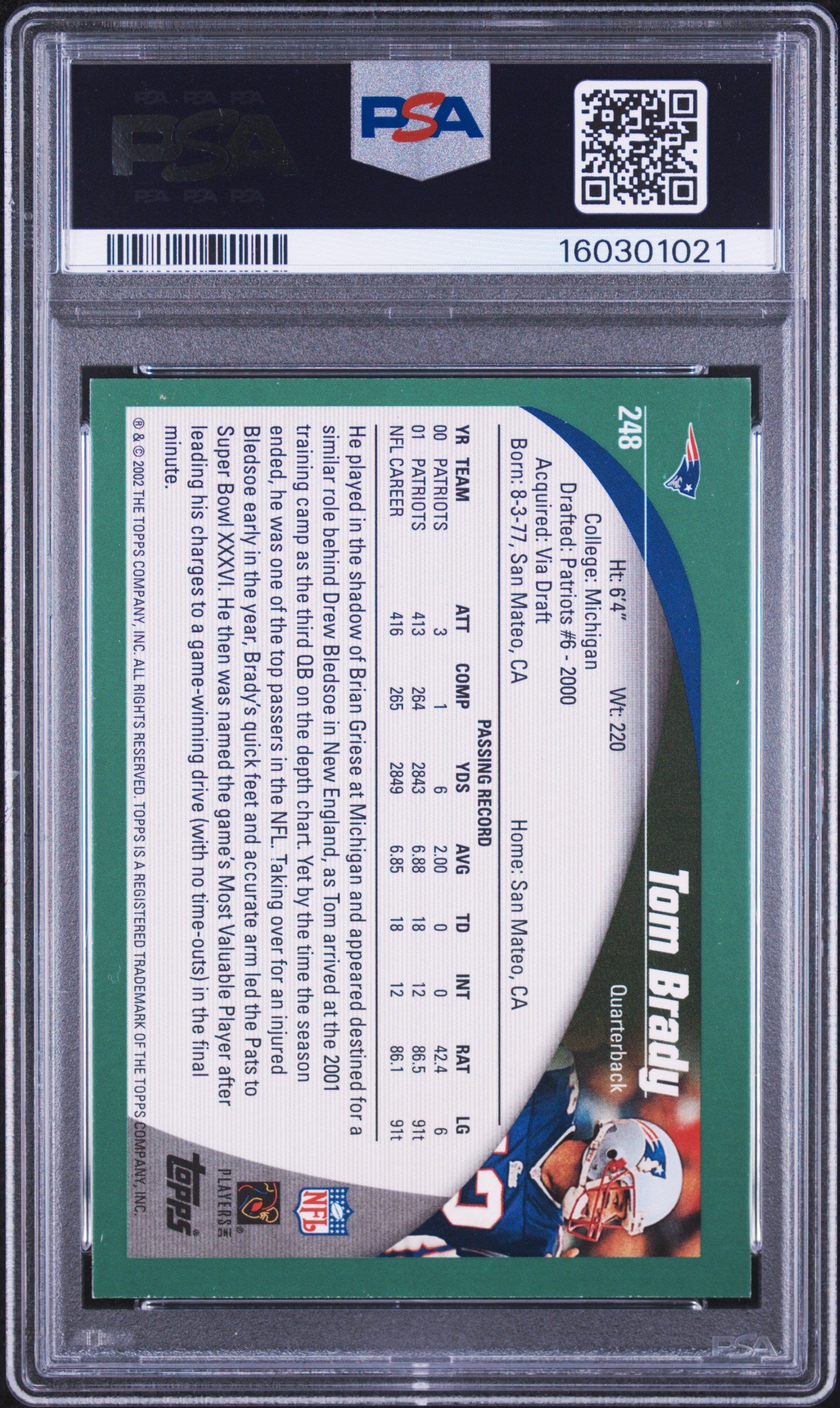 2002 TOPPS 248 TOM BRADY PSA 8.5 - back