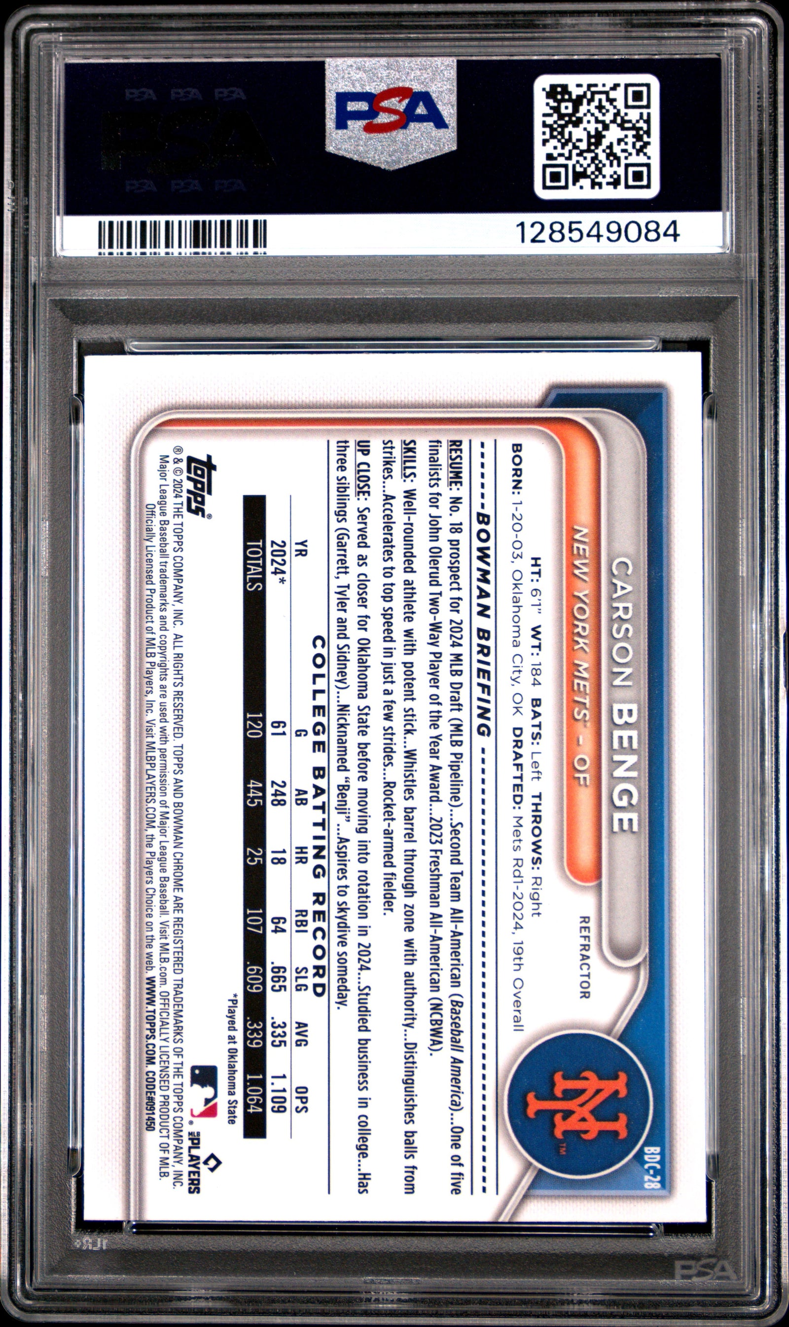2024 Bowman Draft Bdc28 Carson Benge Chrome-Refractor PSA 9