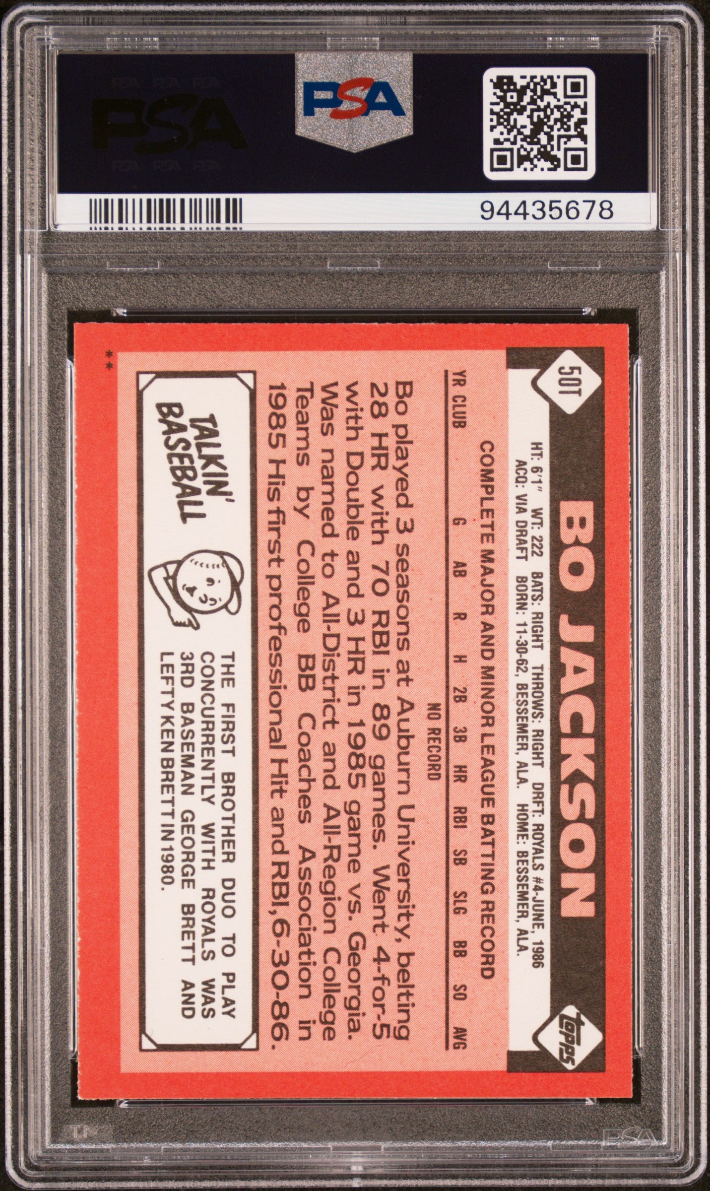 1986 TOPPS TRADED 50T BO JACKSON PSA 8 - back