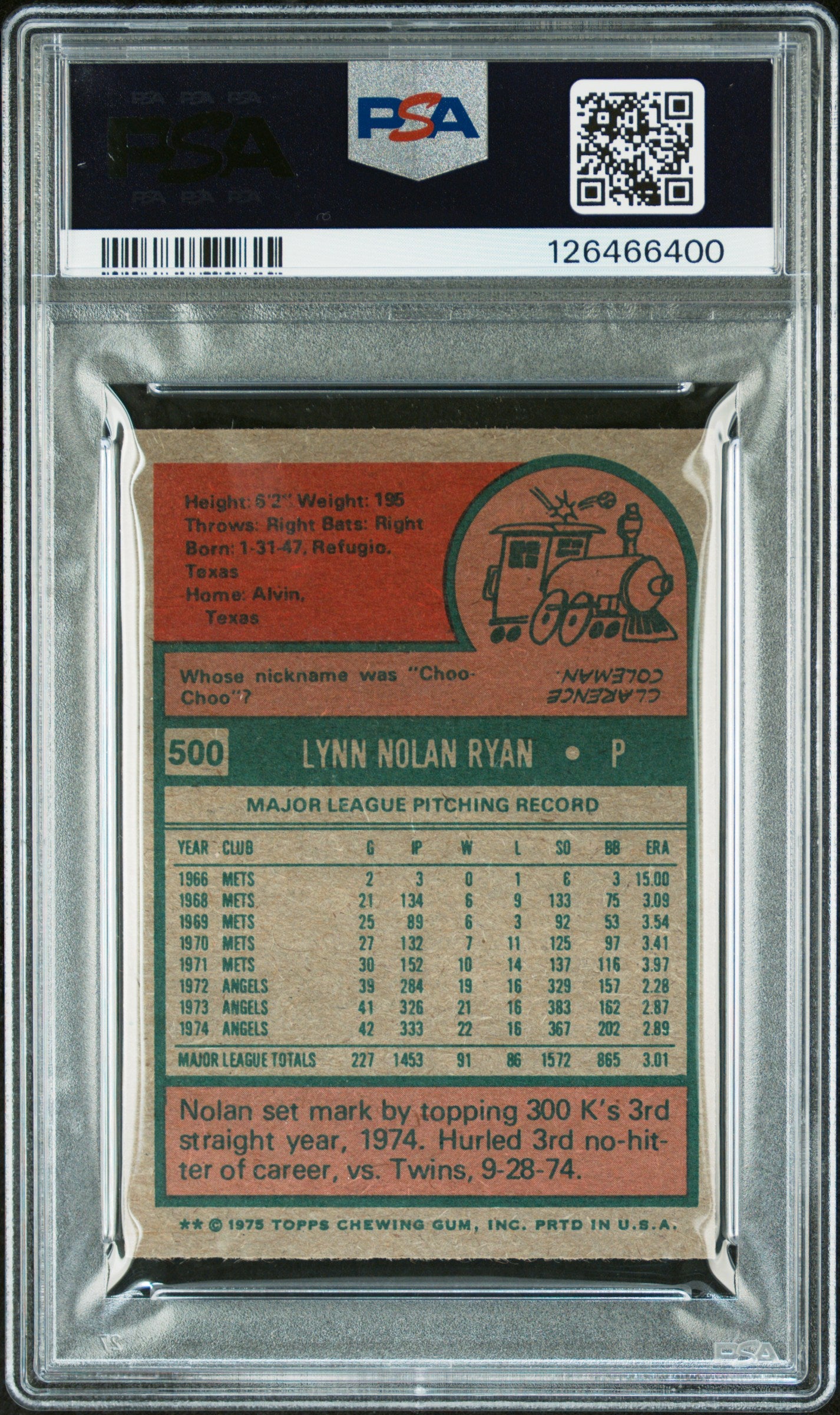 1975 Topps Mini 500 Nolan Ryan PSA 6