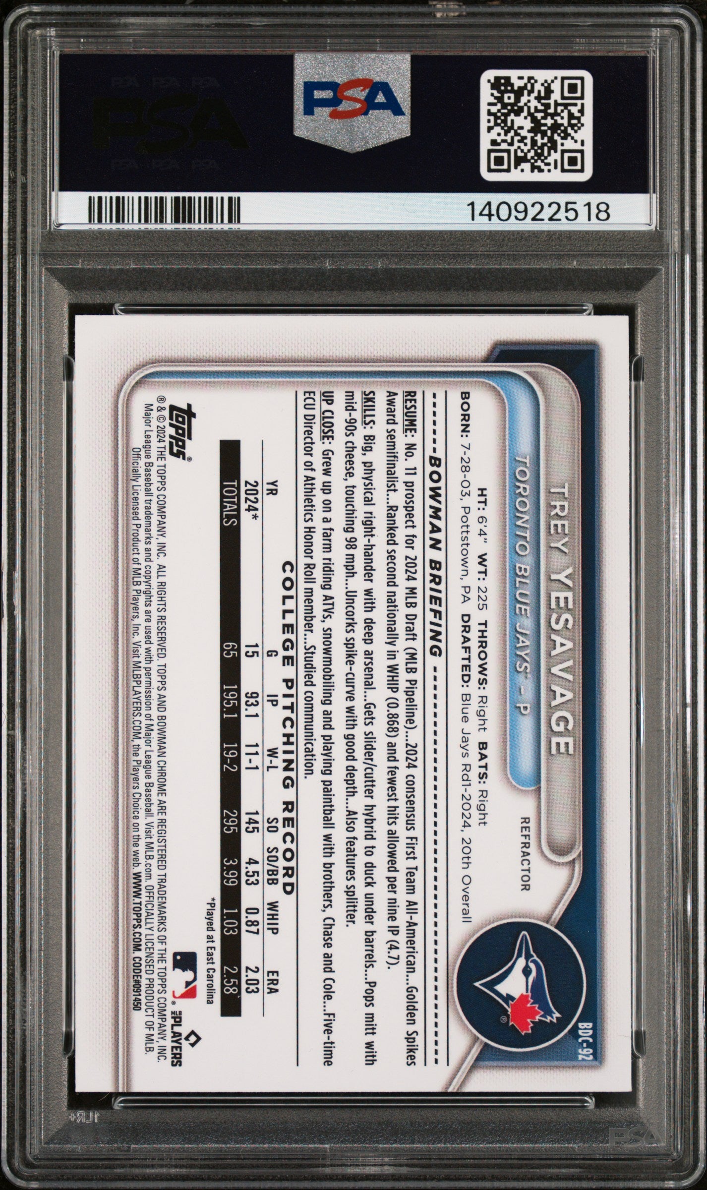 2024 Bowman Draft Bdc92 Trey Yesavage Chrome-Refractor PSA 10