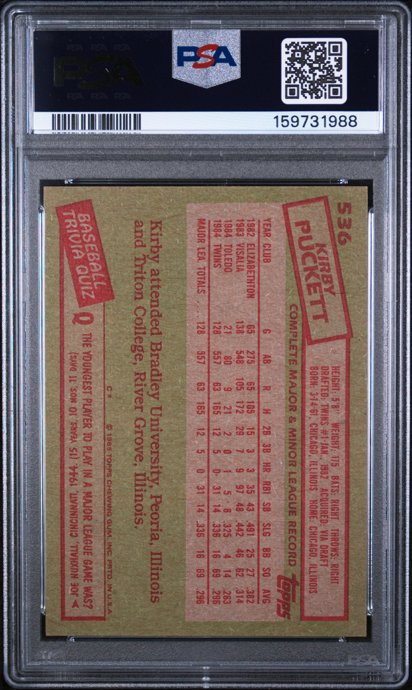 1985 TOPPS 536 KIRBY PUCKETT PSA 8 - back