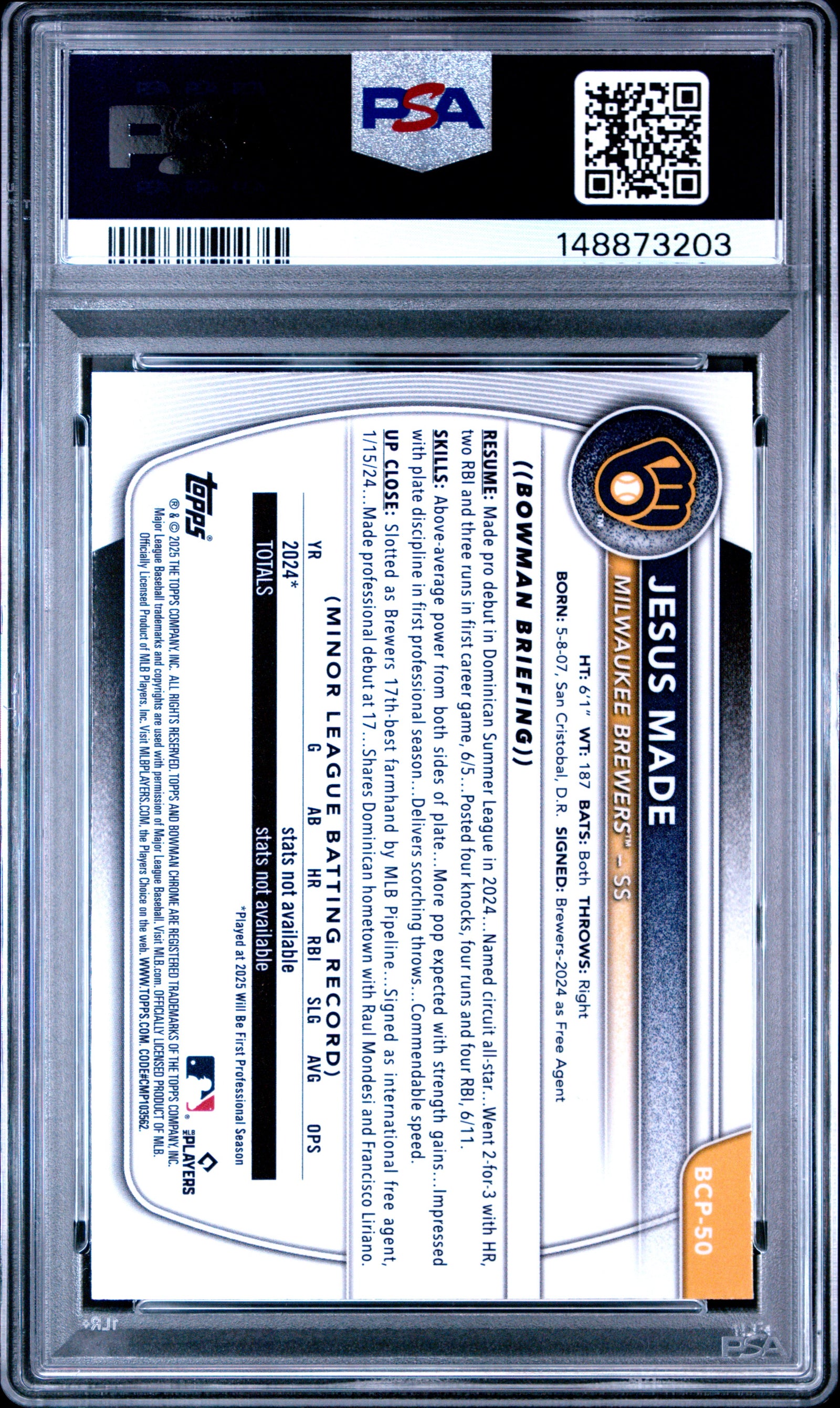 2025 Bowman Mega Box Chrome Prospects 50 Jesus Made PSA 10