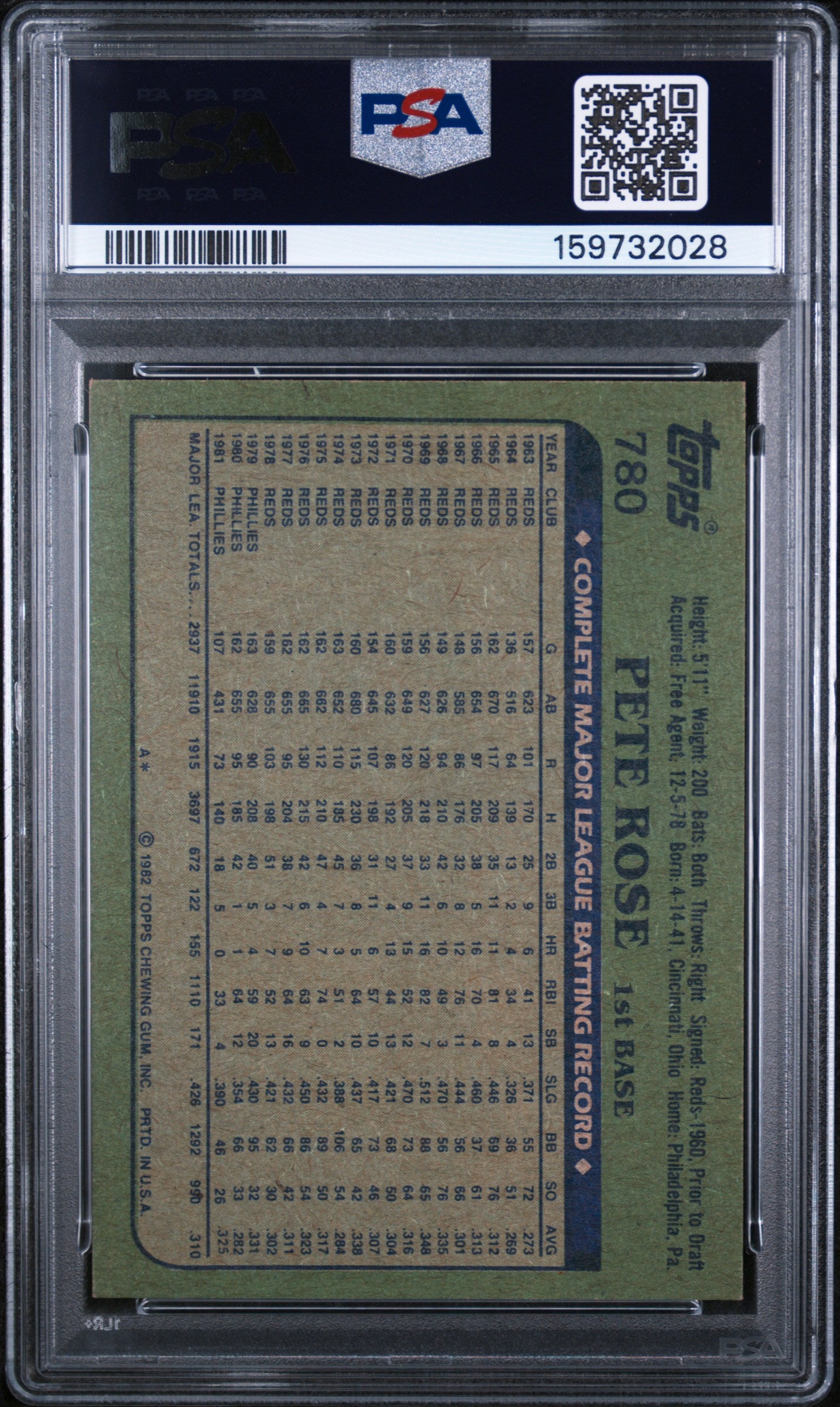 1982 TOPPS 780 PETE ROSE PSA 8 - back