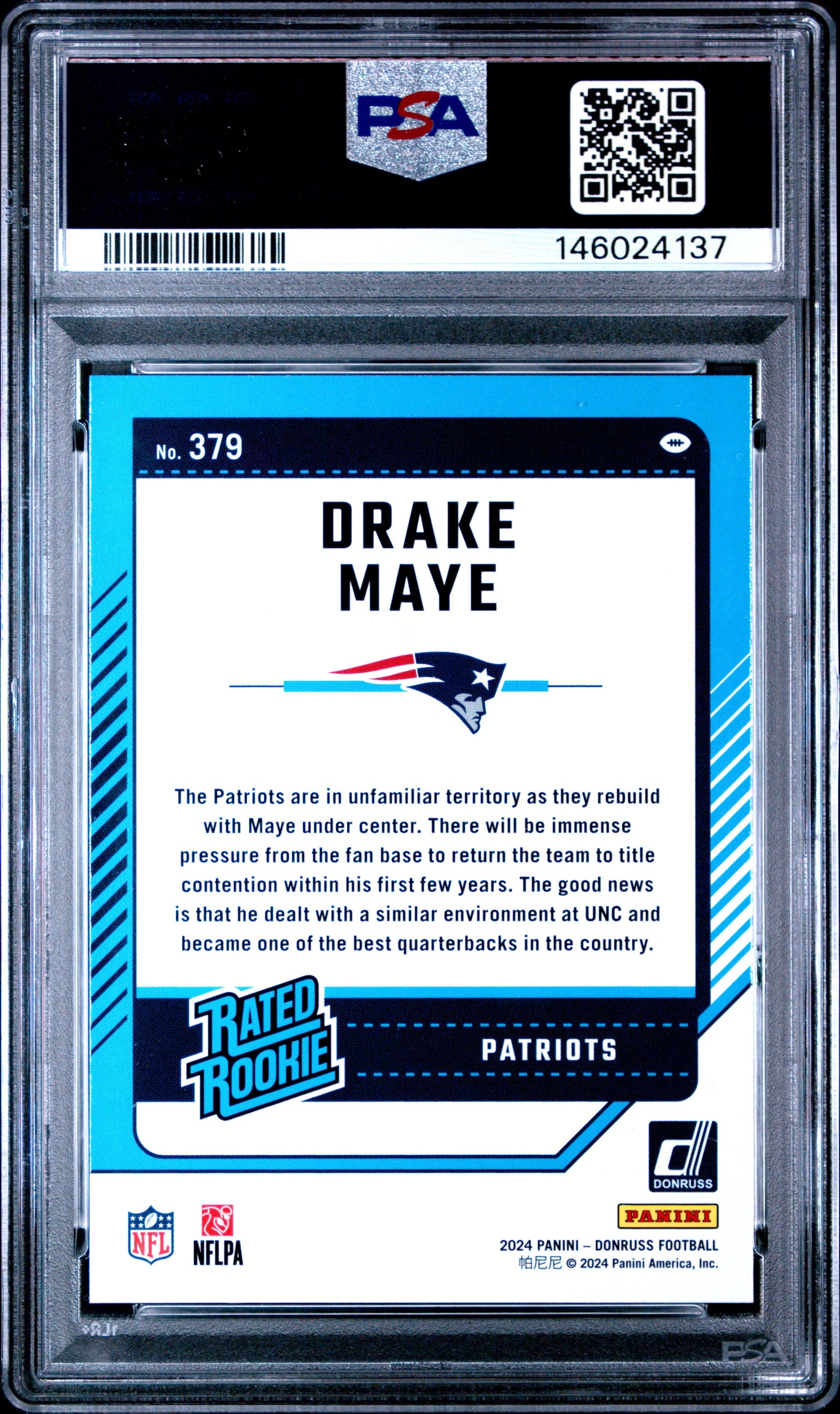 2024 Panini Donruss 379 Drake Maye Press Proof Purple PSA 7