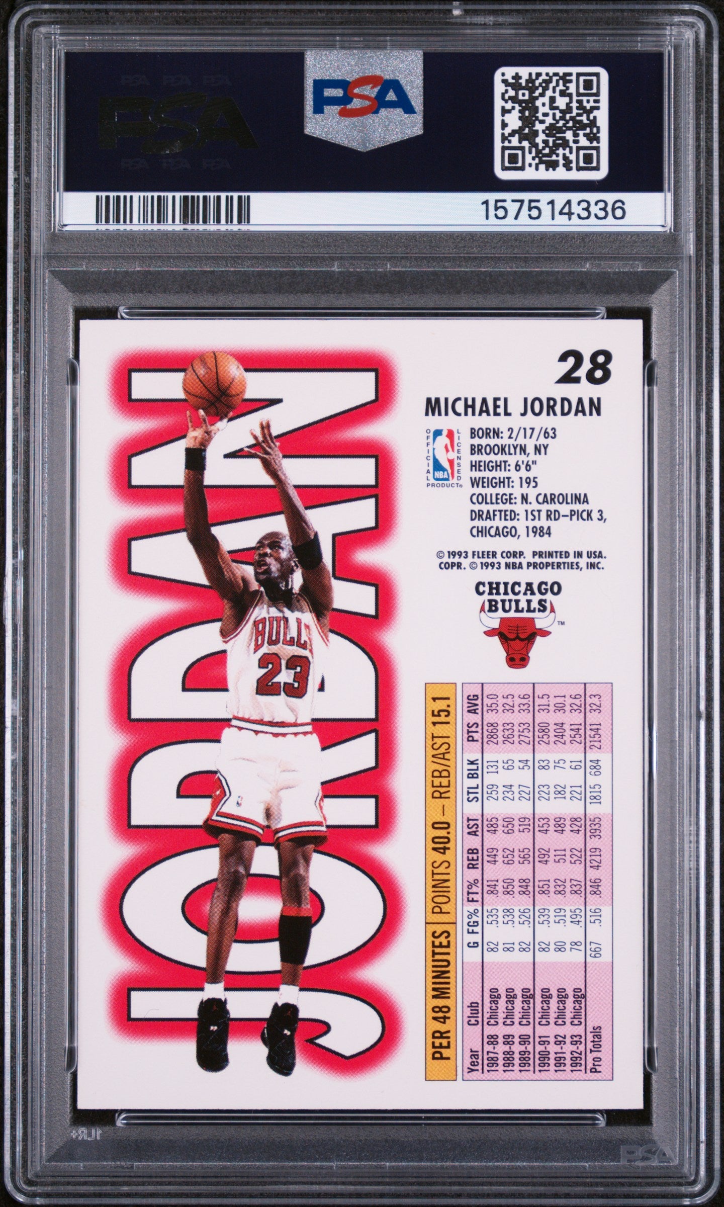 1993 FLEER 28 MICHAEL JORDAN PSA 9 - back