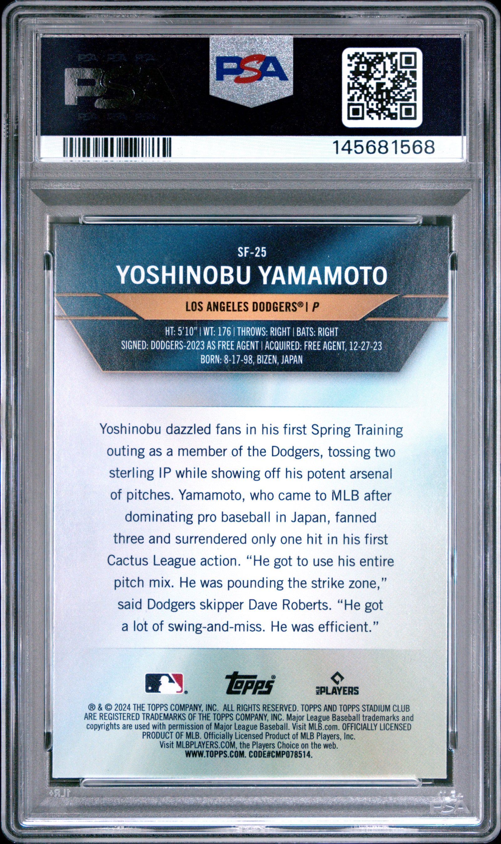 2024 Topps Stadium Club Special Forces Sf25 Yoshinobu Yamamoto PSA 10