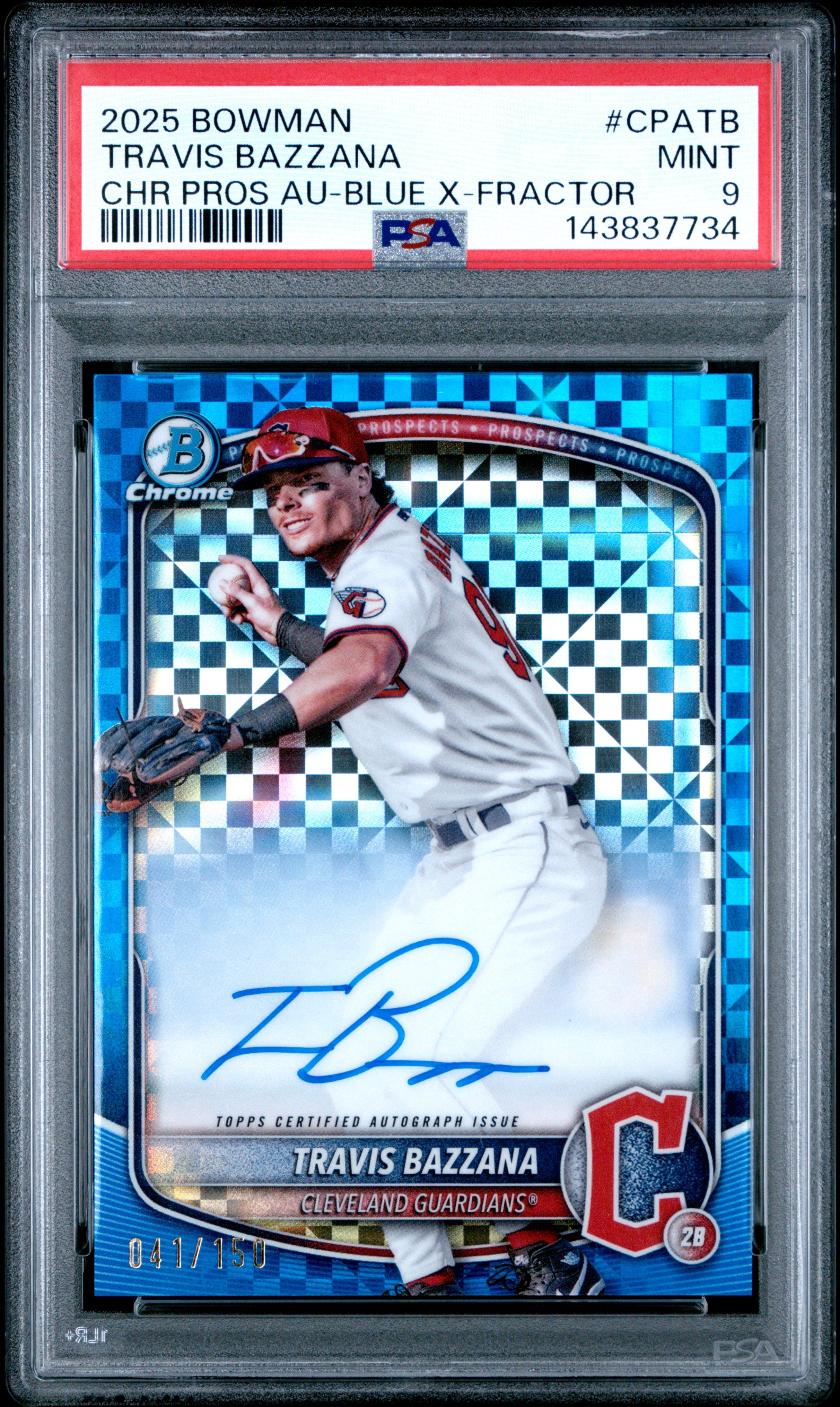 2025 Bowman Chrome Prospect Autographs Cpatb Travis Bazzana Blue X-Fractor PSA 9