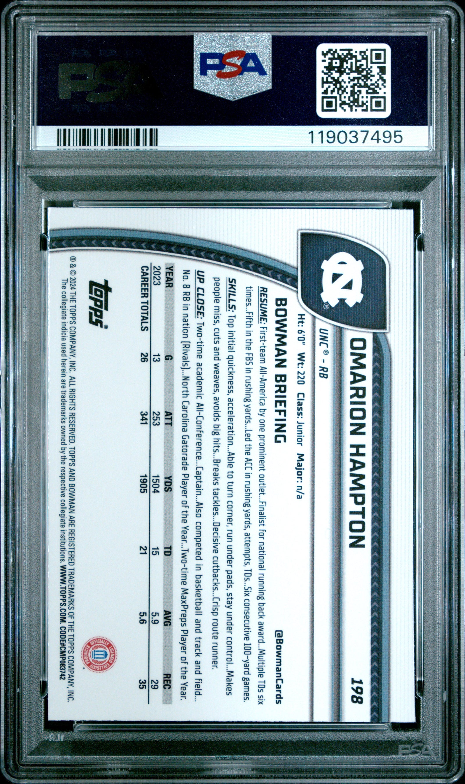 2024 Bowman University Chrome 198 Omarion Hampton Pink Lava PSA 9