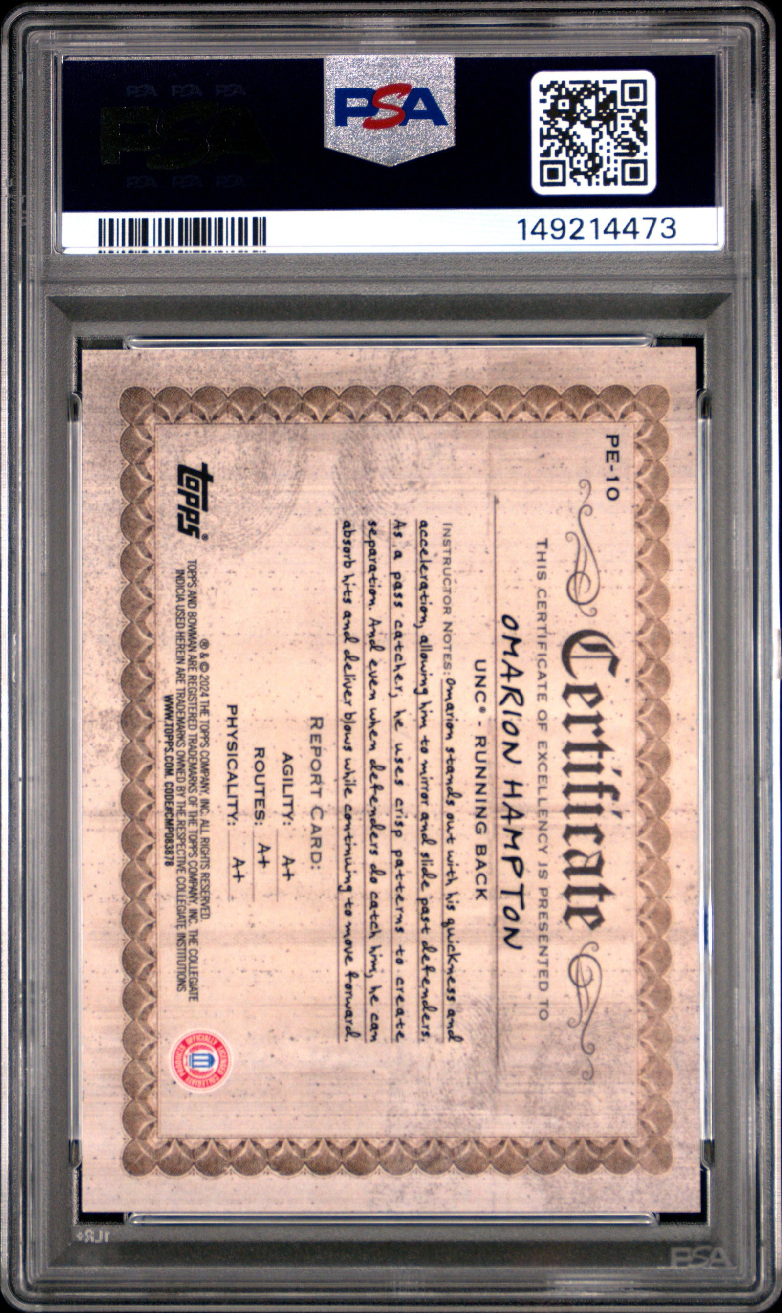 2024 Bowman University Chrome Physical Education Pe10 Omarion Hampton  PSA 10
