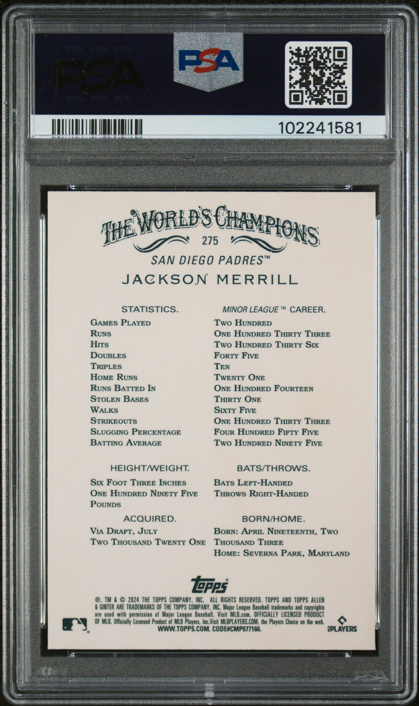 2024 Topps Allen & Ginter 275 Jackson Merrill Chrome PSA 10