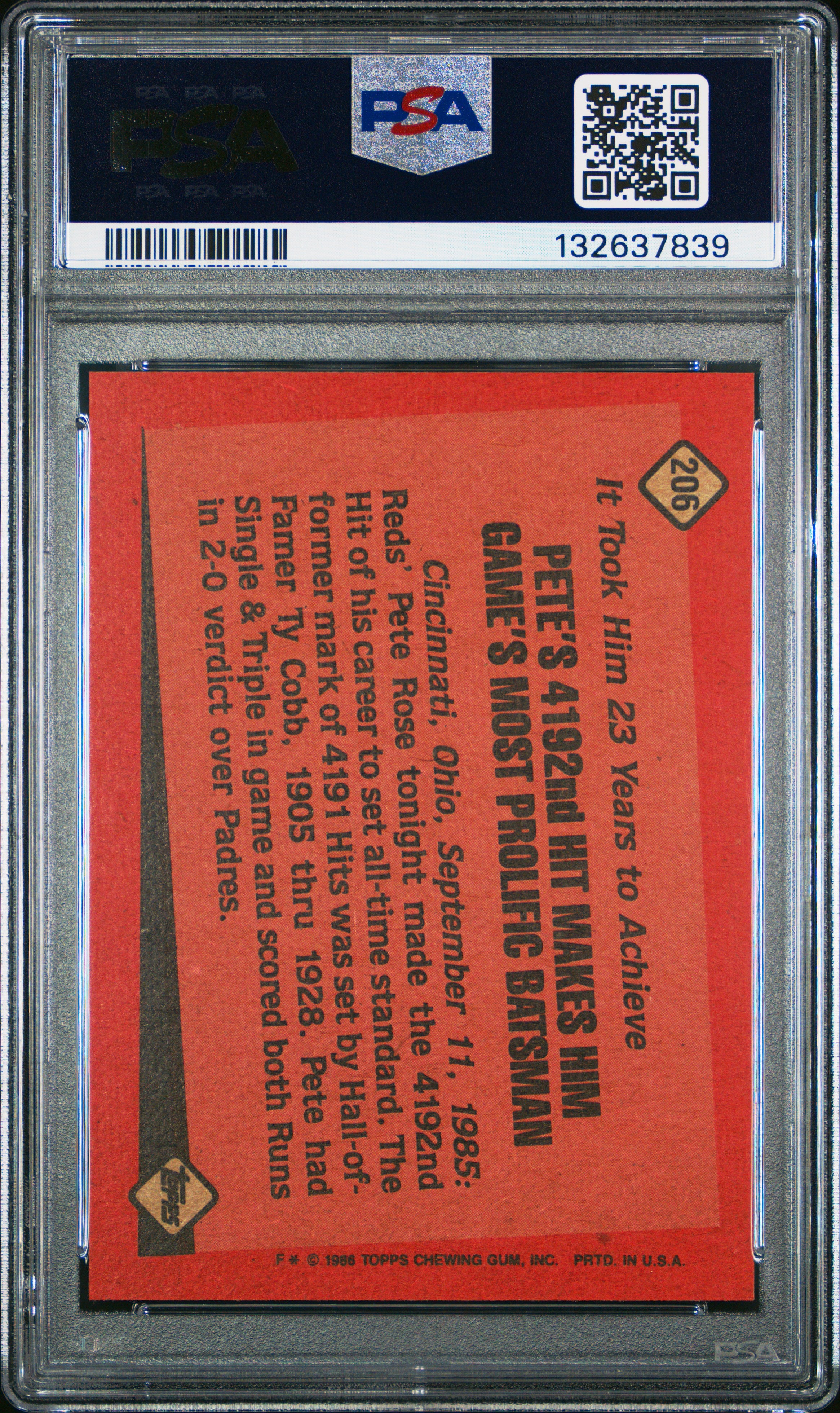 1986 TOPPS 206 PETE ROSE PSA 8 - back