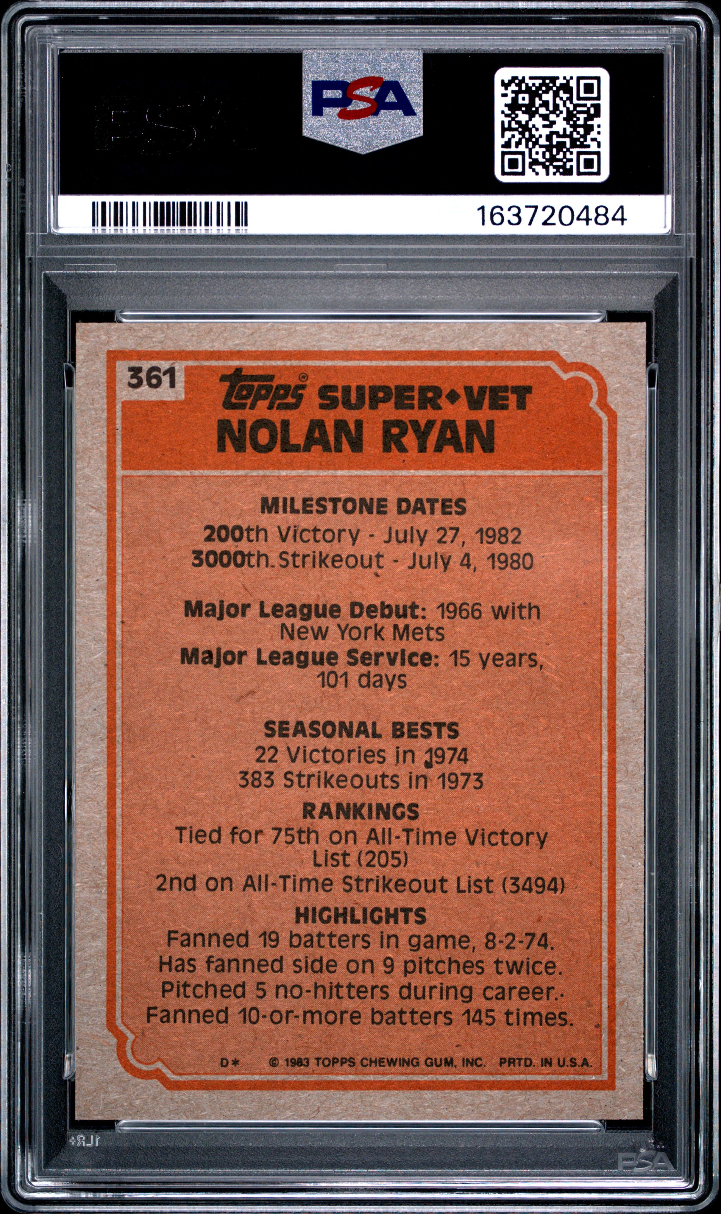 1983 TOPPS 361 NOLAN RYAN PSA 8 - back