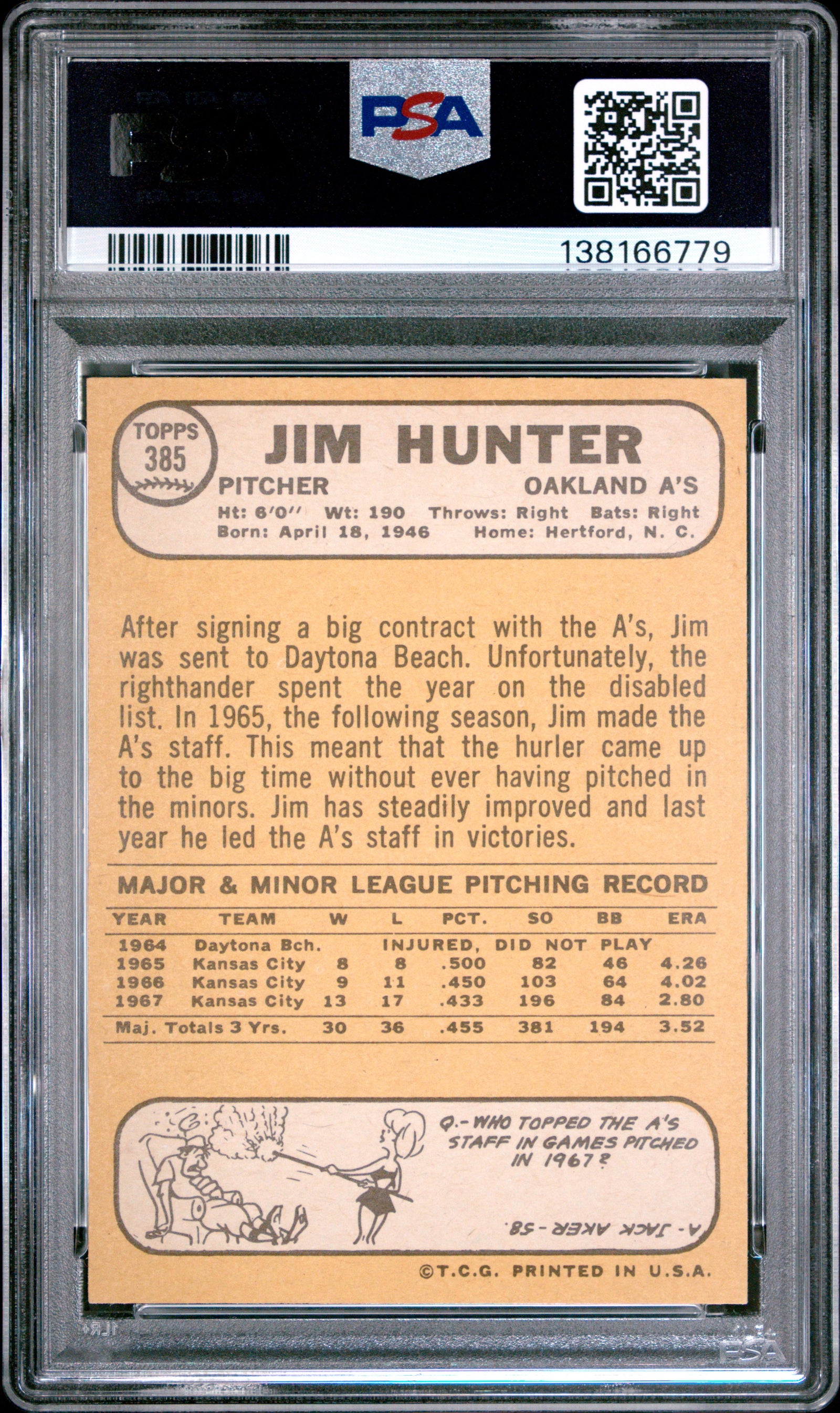 1968 Topps 385 Catfish Hunter PSA 7