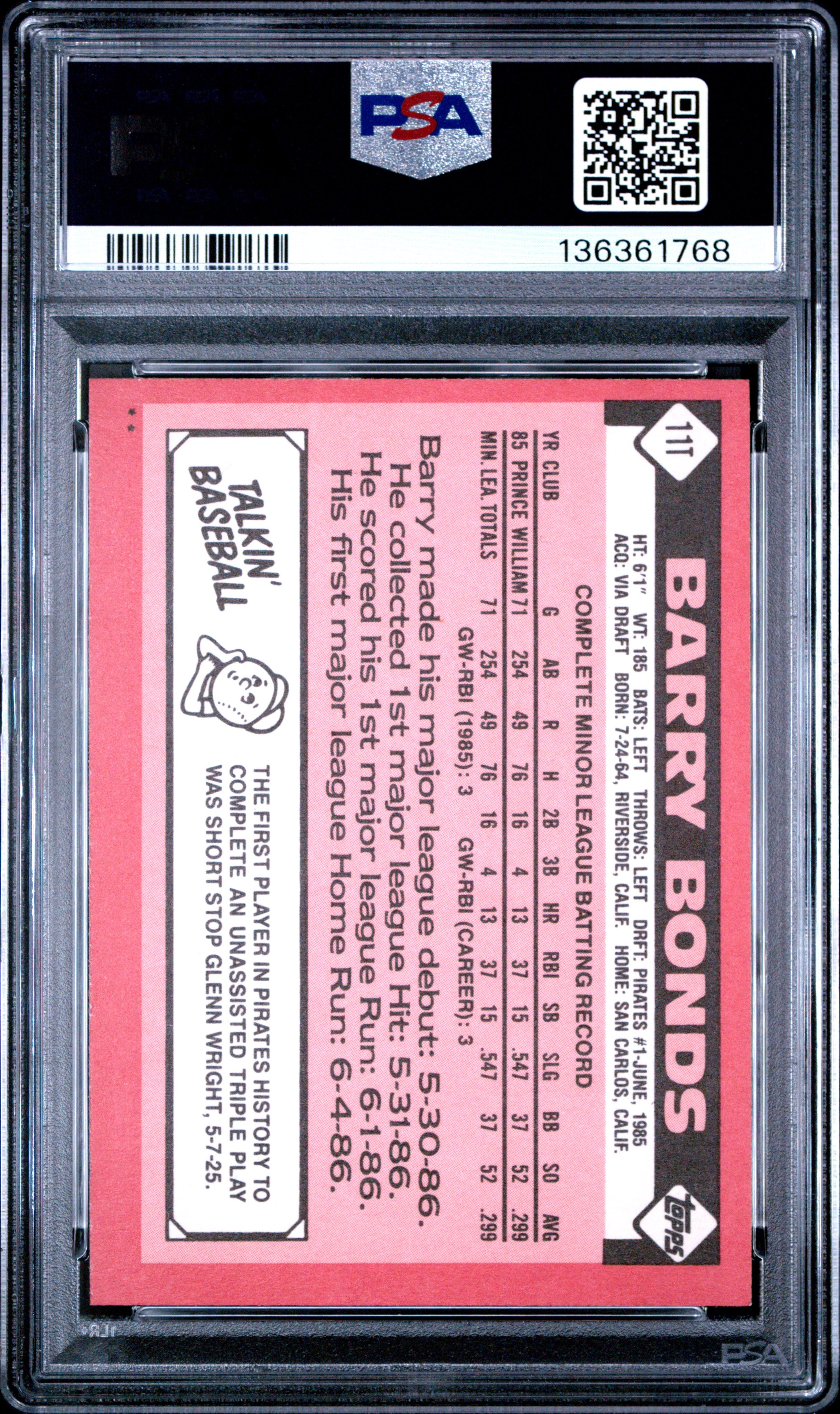 1986 TOPPS TRADED 11T BARRY BONDS PSA 7 - back