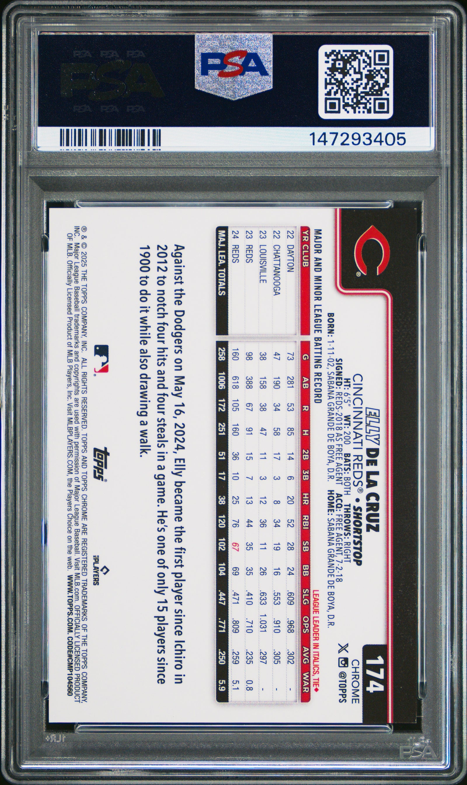 2025 Topps Chrome Sapphire 174 Elly De La Cruz Variation-Gold PSA 9