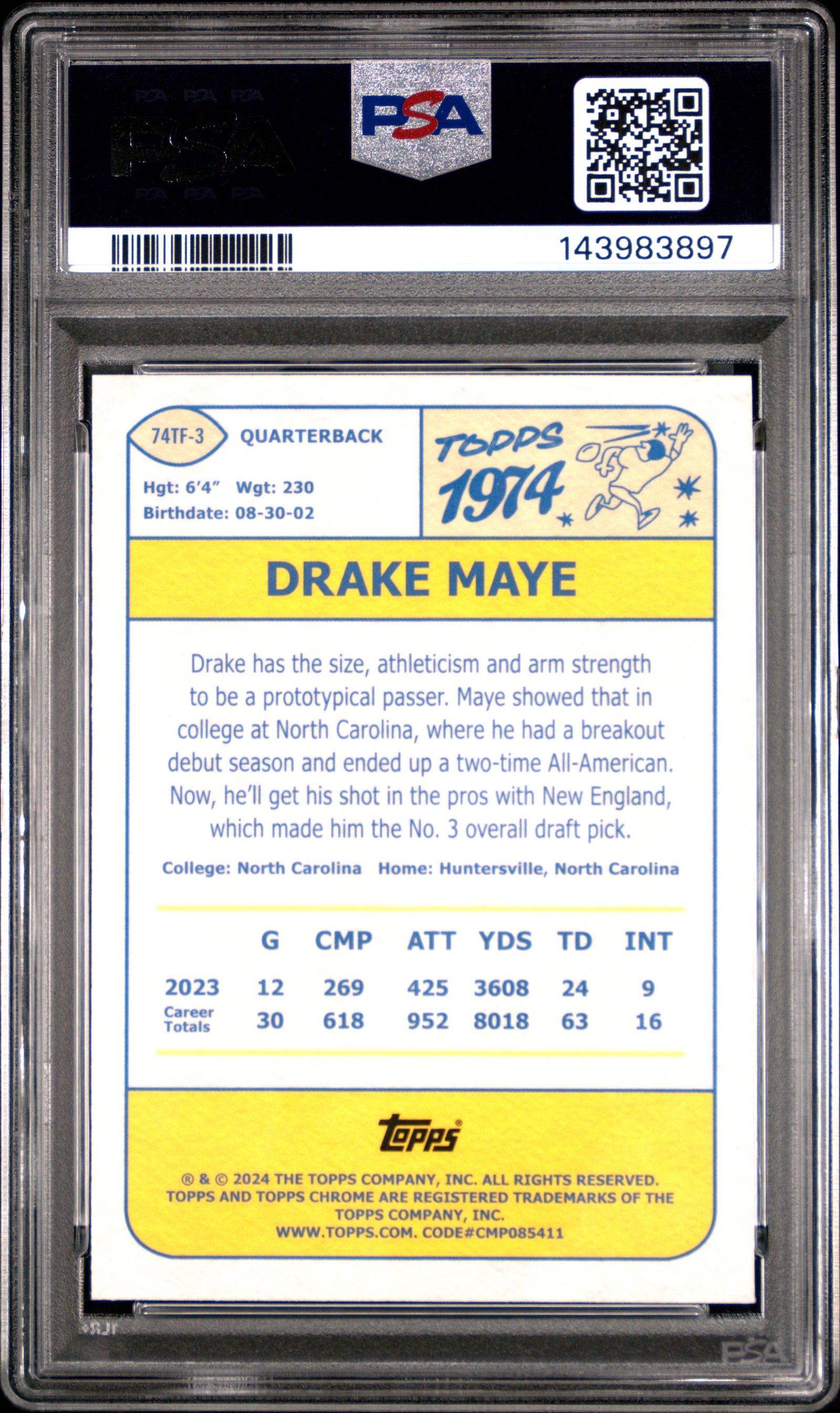 2024 Topps Chrome 1974 Topps Football 74Tf3 Drake Maye  PSA 9