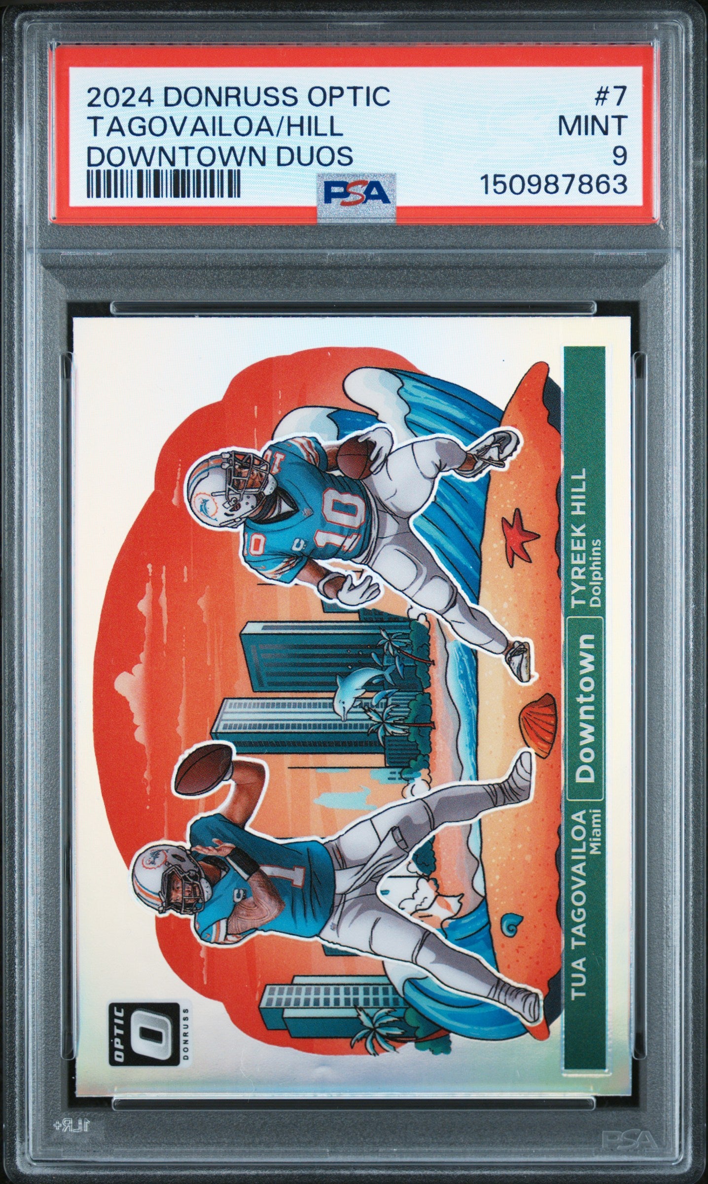 2024 PANINI DONRUSS OPTIC DOWNTOWN DUOS 7 TYREEK HILL/TUA TAGOVAILOA PSA 9 - front