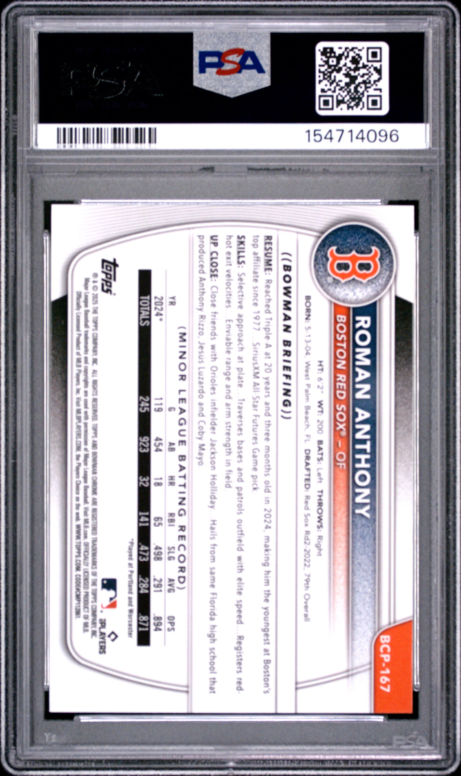 2025 BOWMAN CHROME PROSPECTS BCP167 ROMAN ANTHONY PURPLE REFRACTOR PSA 10 - back