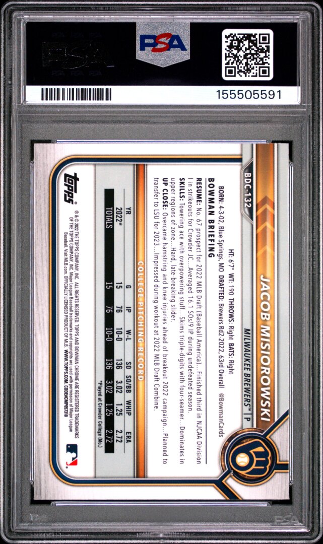 2022 Bowman Draft Jacob Misiorowski Chrome PSA 9 #BDC132