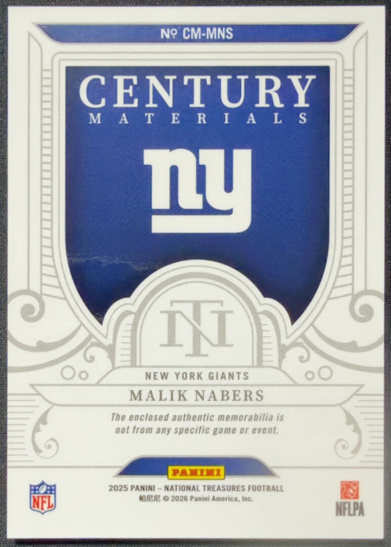 2025 Panini National Treasures Malik Nabers Century Materials Patch #CM-MNS