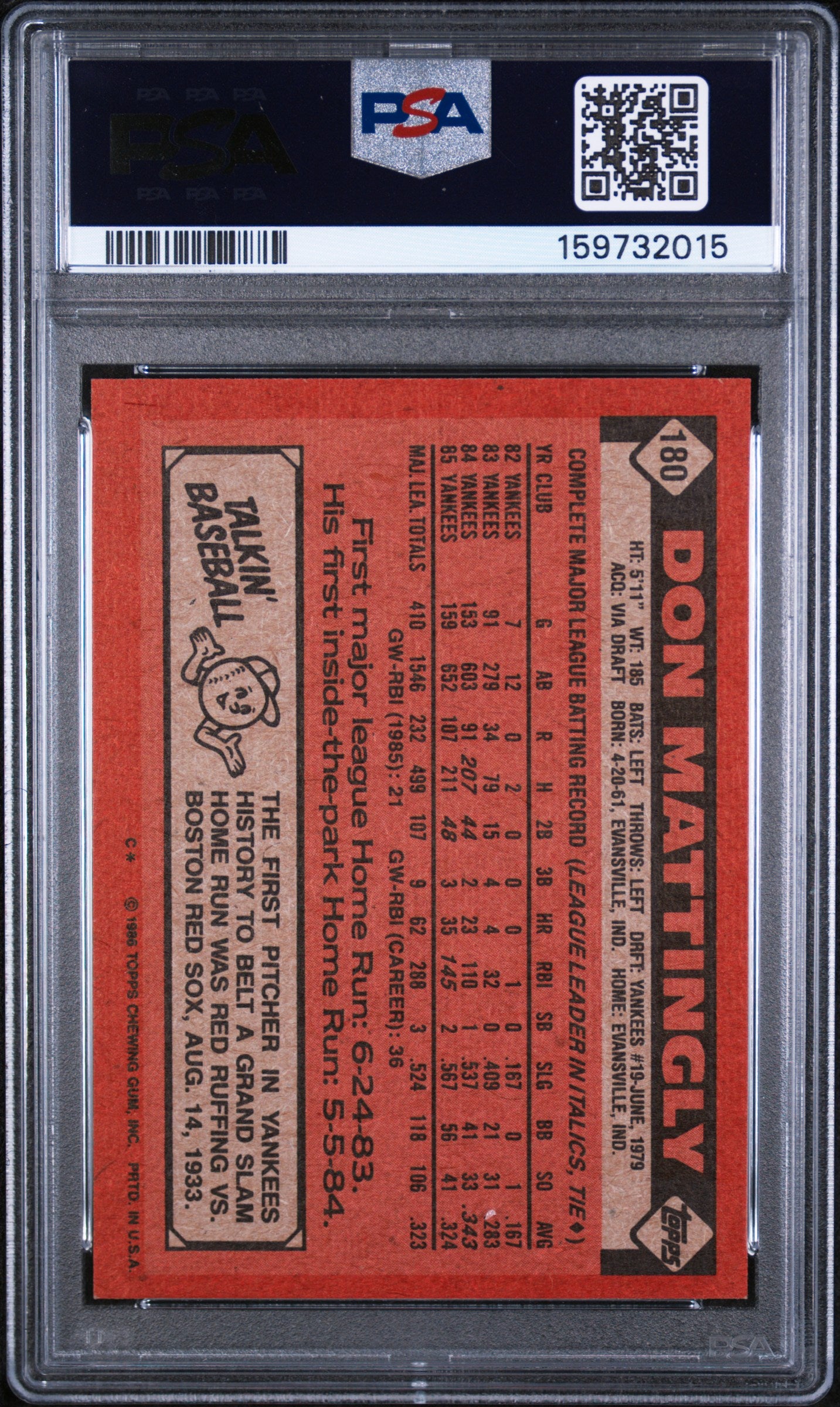 1986 TOPPS 180 DON MATTINGLY PSA 8 - back