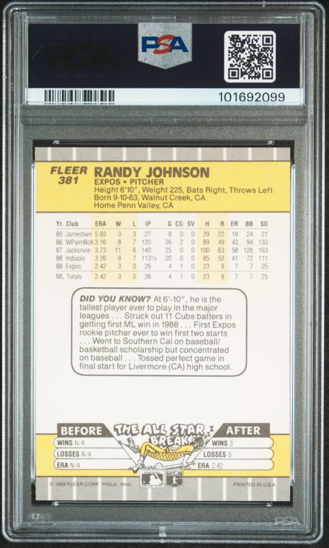 1989 Fleer #381 Randy Johnson RC Ad Partially Obscured PSA 8