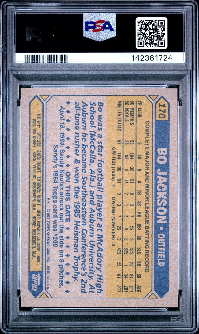 1987 Topps #170 Bo Jackson Future Stars PSA 9