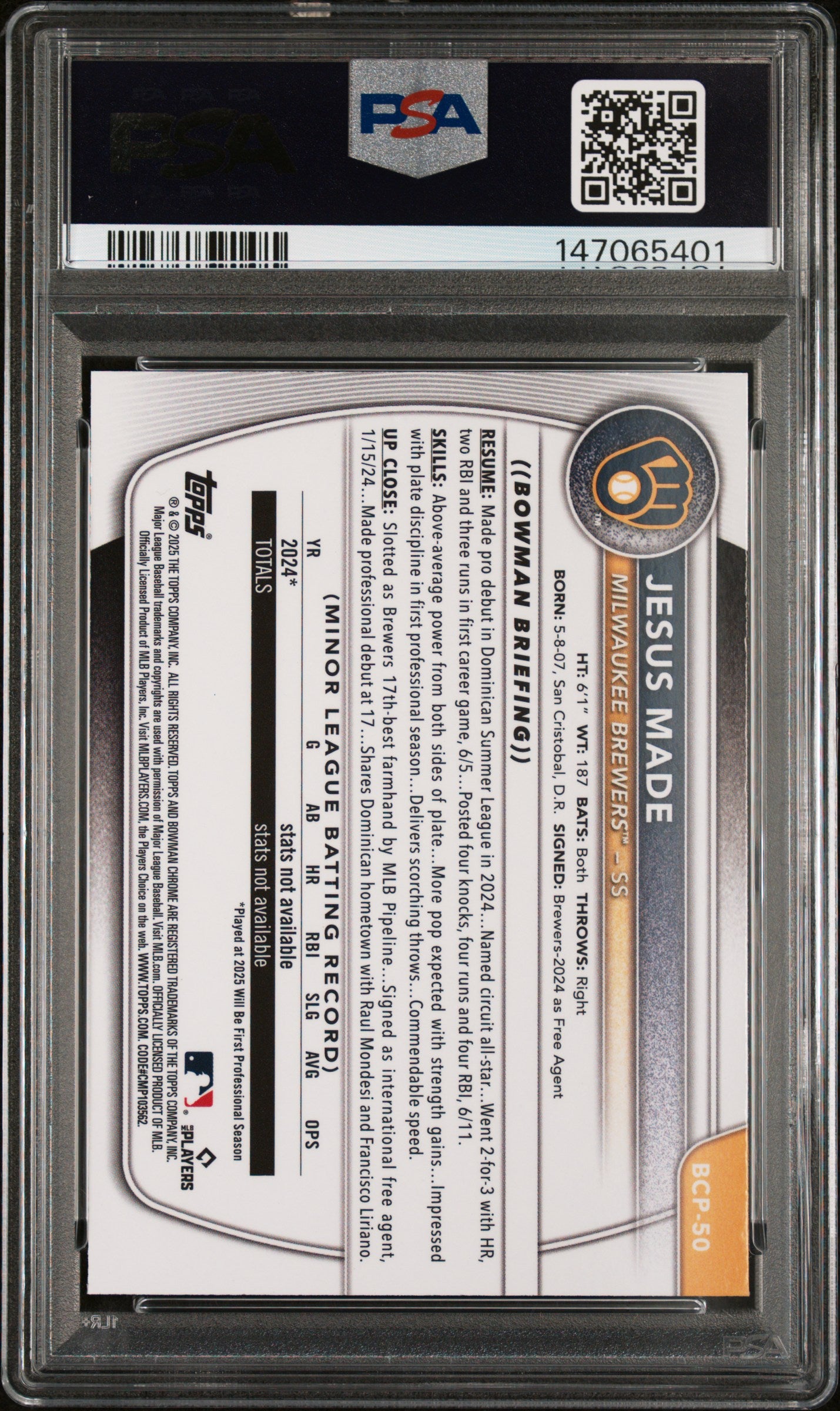 2025 Bowman Mega Box Chrome Prospects 50 Jesus Made PSA 10