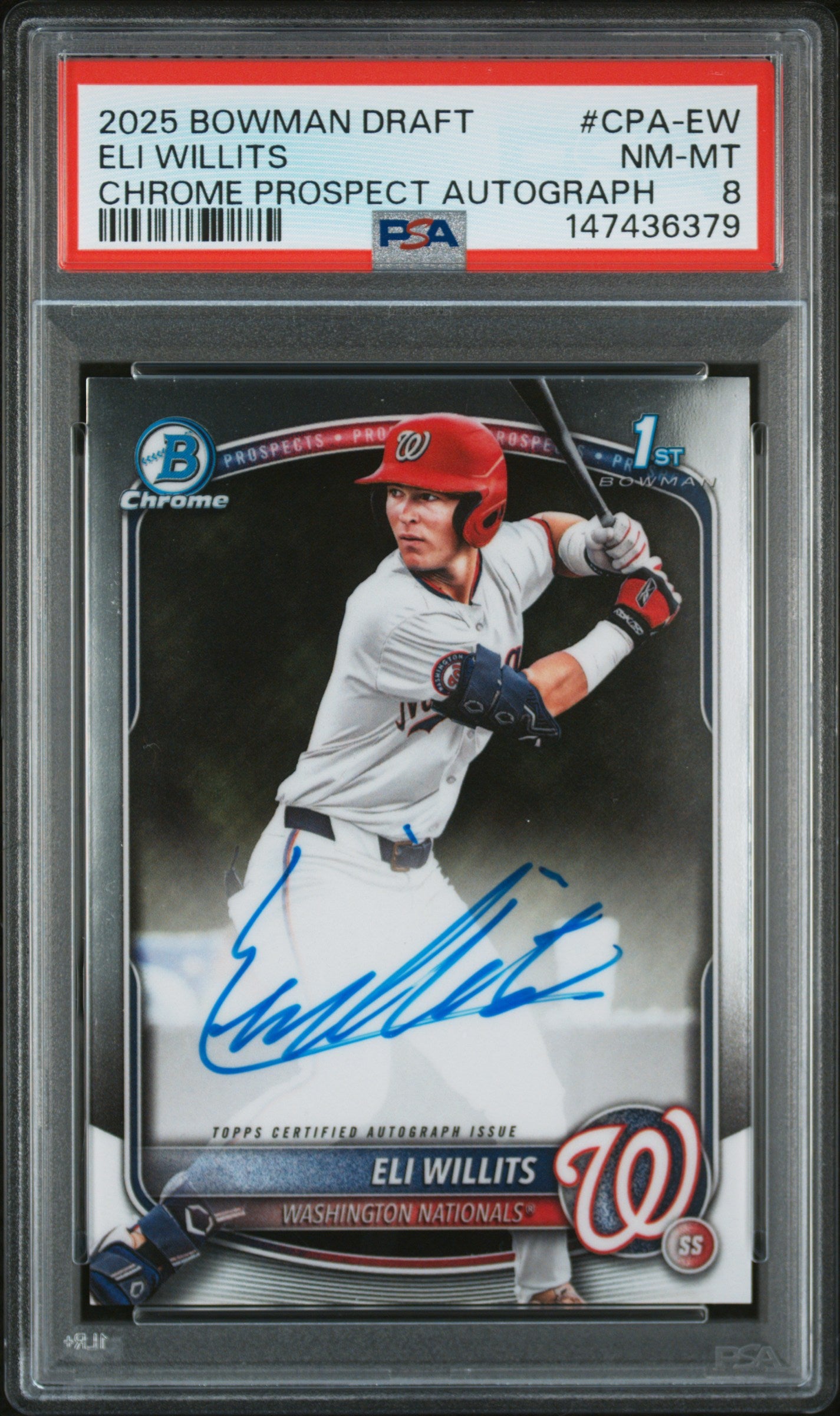 2025 Bowman Draft Chrome Prospect Autographs Cpa-Ew Eli Willits PSA 8